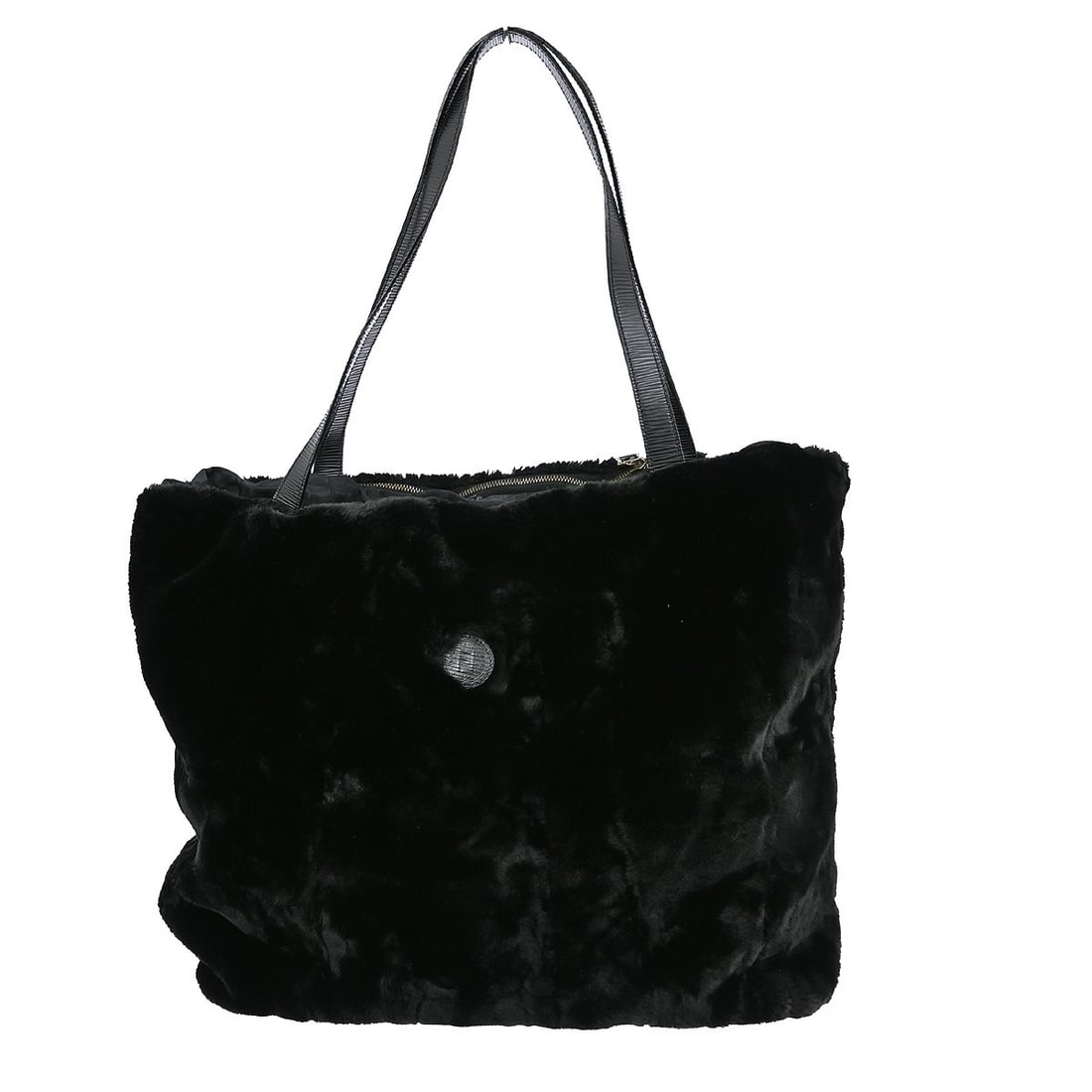 Fendi Black Fur Shoulder Bag With Silver Hardware and Logo Accent: Fendi Black Fur Shoulder Bag With Silver Hardware and Logo Accent This Fendi black fur handbag features silver-tone hardware and a magnetic closure. Designed with a shoulder strap handle, the bag is a