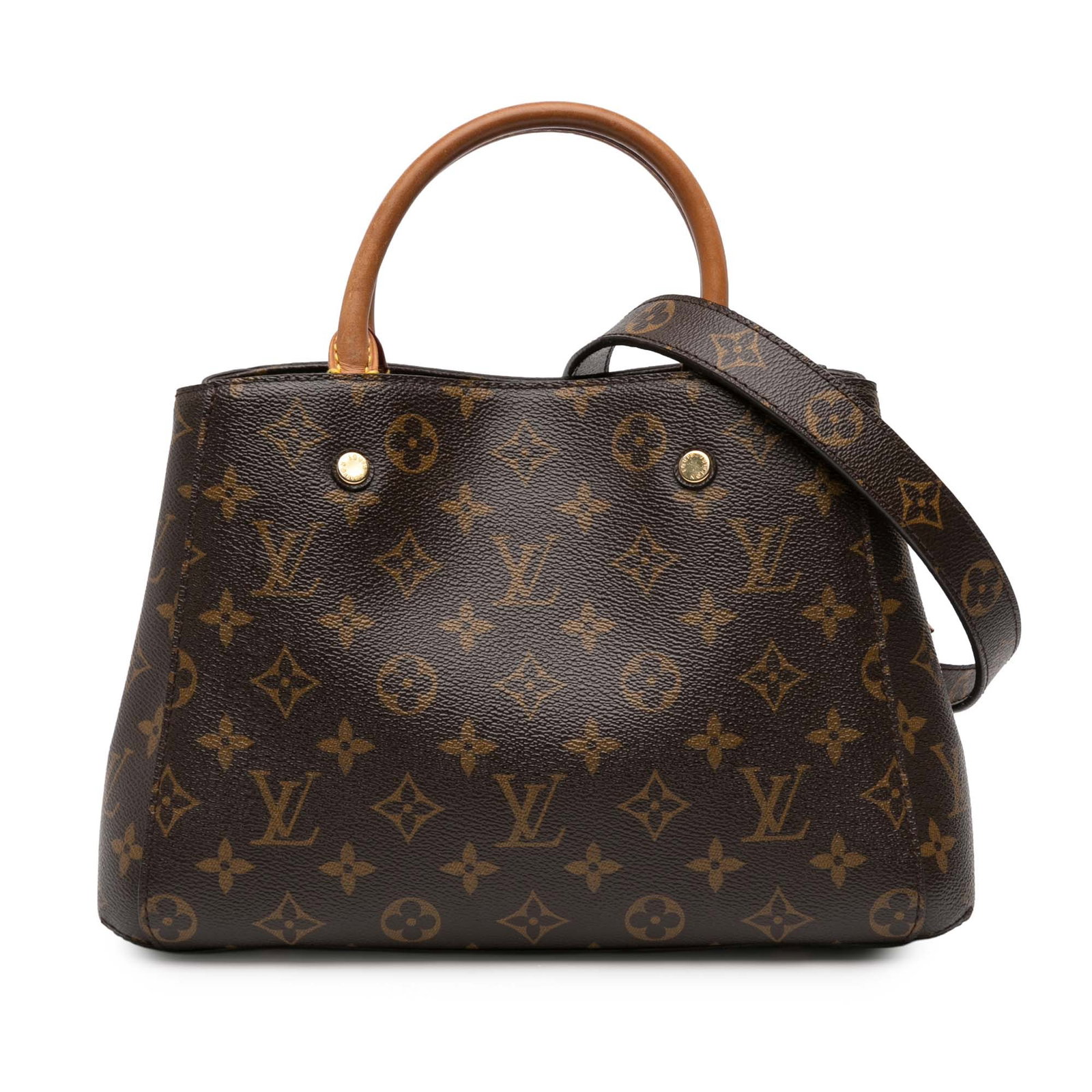 Louis Vuitton Montaigne BB Monogram Canvas Shoulder Bag with Detachable Strap: Louis Vuitton Montaigne BB Monogram Canvas Shoulder Bag with Detachable Strap This Louis Vuitton Monogram Montaigne BB features a monogram canvas body with rolled vachetta leather handles, a detachabl