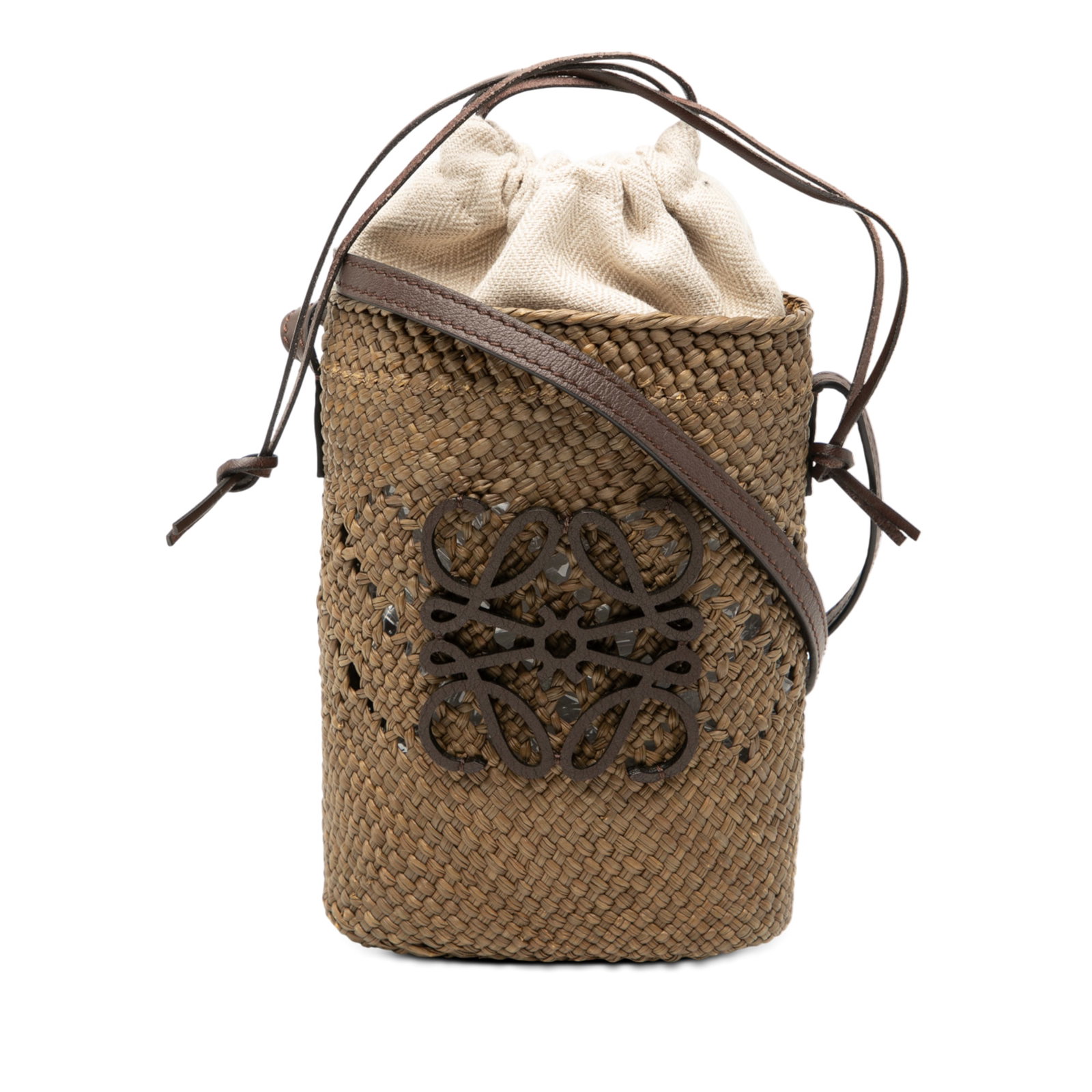 Paulas Ibiza Anagram Square Raffia Bucket Bag by Loewe with Leather Strap: Paulas Ibiza Anagram Square Raffia Bucket Bag by Loewe with Leather Strap This LOEWE Paula's Ibiza Anagram Square Bucket Bag features a raffia body with a flat leather strap and a top drawstring closu