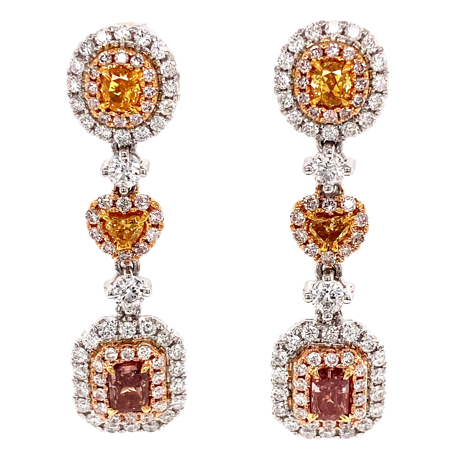 GIA Certified 2.82ct Fancy Intense Pink Yellow Diamond Earrings 18k Gold: GIA Certified 2.82ct Fancy Intense Pink Yellow Diamond Earrings 18k Gold These stunning earrings feature an exquisite combination of fancy intense pink and yellow diamonds, meticulously crafted in 18k