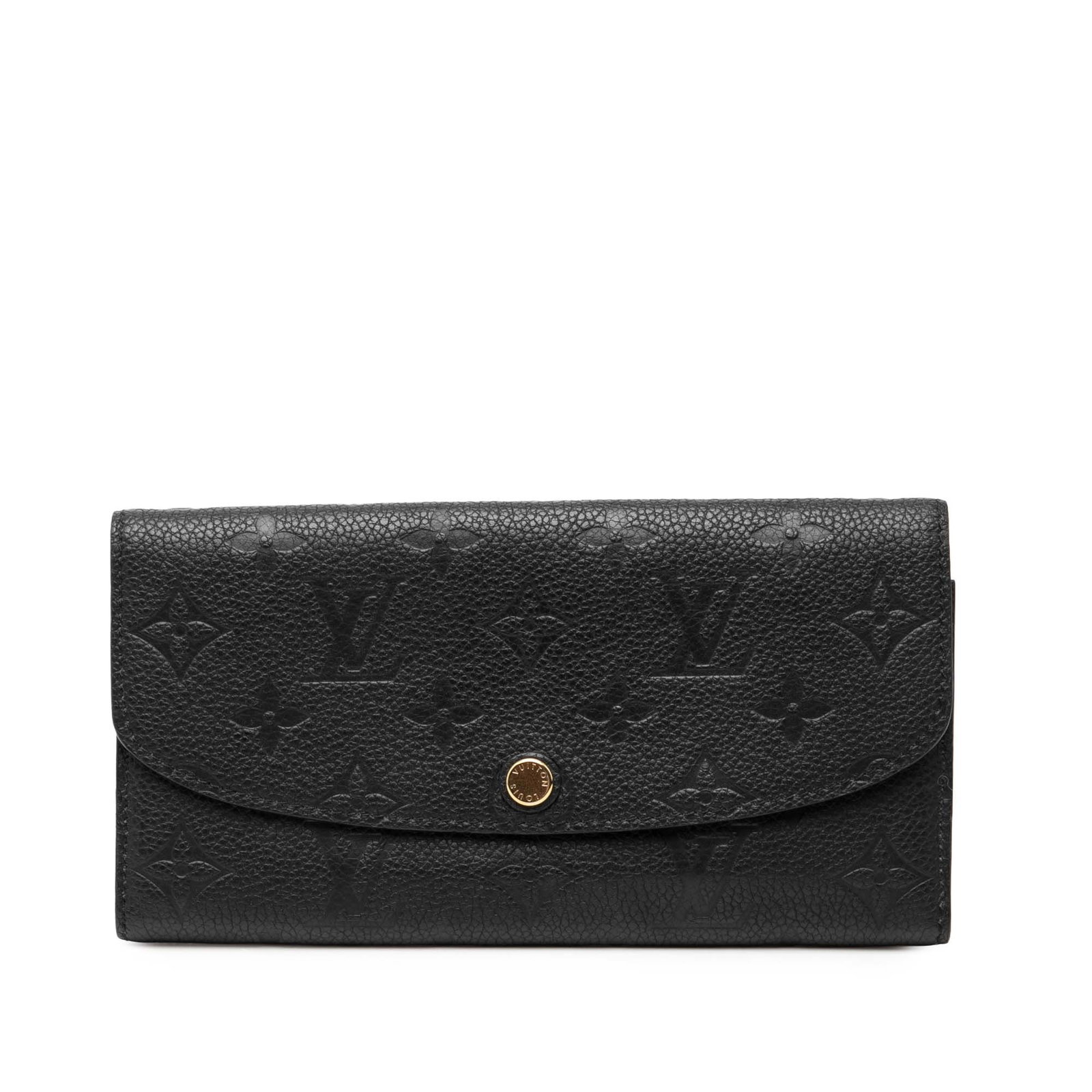 Louis Vuitton Emilie Wallet Black Monogram Empreinte Leather with Flap: Louis Vuitton Emilie Wallet Black Monogram Empreinte Leather with Flap This Louis Vuitton Emilie wallet is crafted from leather with the signature Monogram Empreinte pattern. It features a front flap