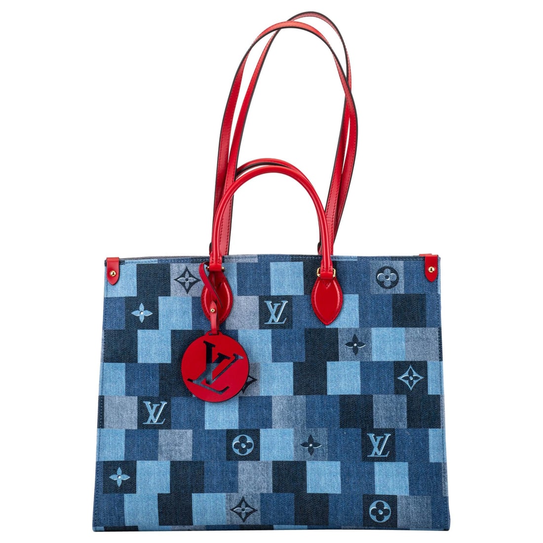Louis Vuitton Limited Edition Denim On The Go Bag with Red Leather Straps: Louis Vuitton Limited Edition Denim On The Go Bag with Red Leather Straps Introducing the Louis Vuitton Denim On The Go Bag, a stylish and functional accessory that perfectly embodies luxury and moder