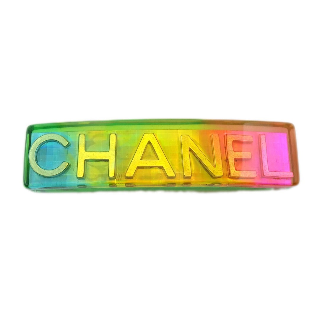 Chanel 97P/62 Multicolor Plastic Hair Clip Barrette: Chanel 97P/62 Multicolor Plastic Hair Clip Barrette Enhance your hairstyle with this exquisite Chanel Hair Clip Barrette. This stylish accessory features a vibrant multicolor design, crafted from dura