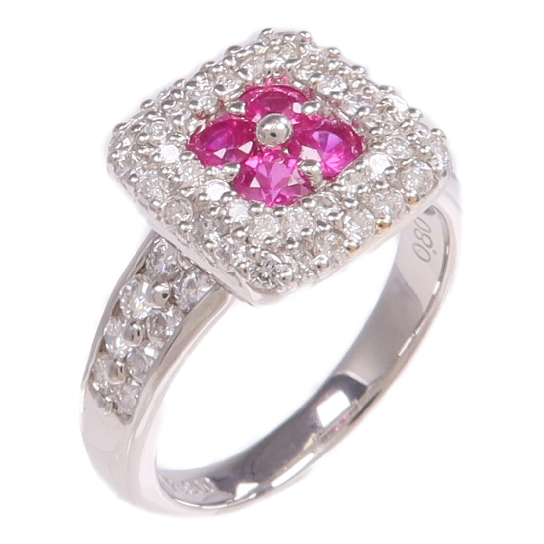 Platinum PT900 Ring with Ruby and Diamond Size 5.75: Platinum PT900 Ring with Ruby and Diamond Size 5.75 This elegant ring features a vibrant red ruby as the main stone, set in high-quality PT900 platinum. Sized at US 5.75, it offers a classic and timel