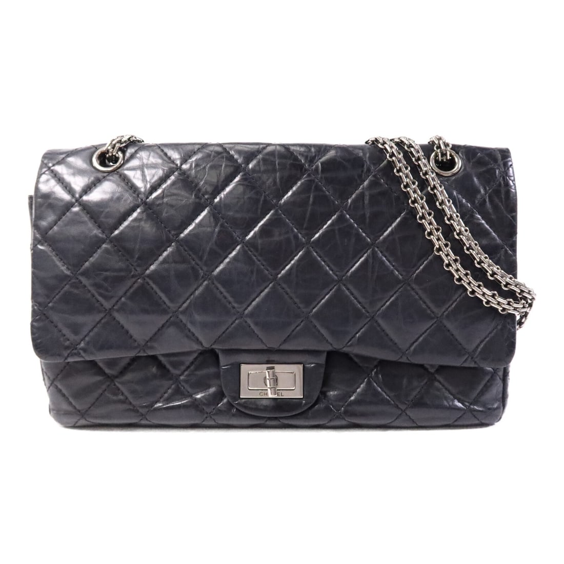 Black Calfskin CHANEL 2.55 Large Shoulder Bag with Silver Tone Hardware: Black Calfskin CHANEL 2.55 Large Shoulder Bag with Silver Tone Hardware This CHANEL 2.55 large shoulder bag is crafted from black calfskin leather and features the signature CC design with silver-tone