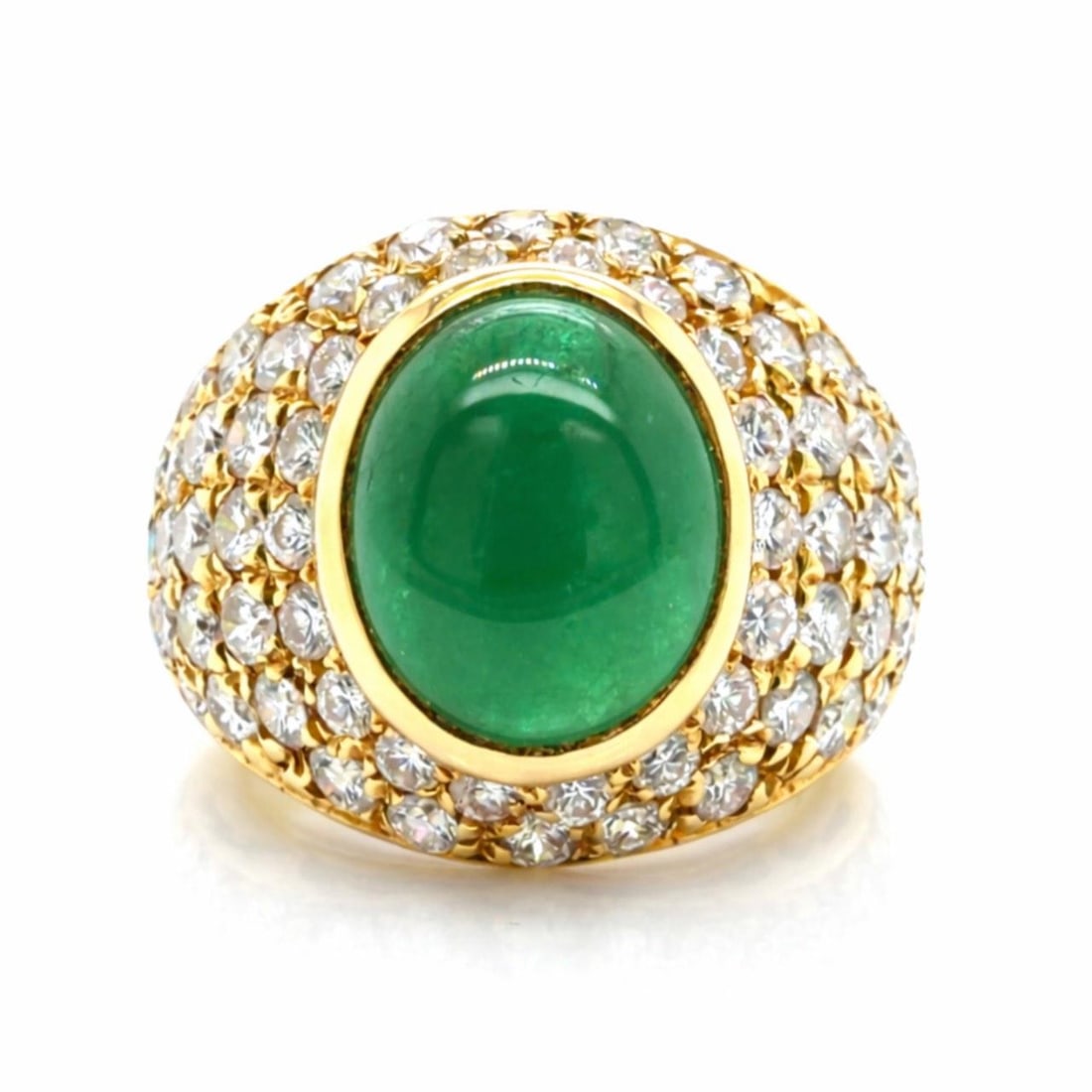 Emerald Cabochon and Diamond Ring in 18K Yellow Gold Size 3.5: Emerald Cabochon and Diamond Ring in 18K Yellow Gold Size 3.5 This 18K yellow gold ring features an approximately 2.00 carat emerald cabochon, complemented by 70 diamonds with a total weight of approx