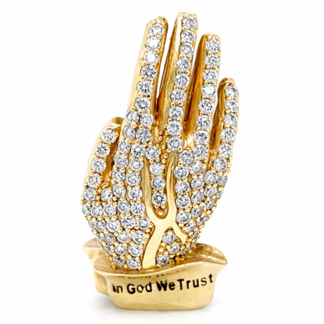 Diamond Praying Hands Pendant in 18K Yellow Gold 1.5 Inch 3 Ct: Diamond Praying Hands Pendant in 18K Yellow Gold 1.5 Inch 3 Ct This pre-owned pendant features praying hands crafted in 18K yellow gold, set with approximately 3.00 carats of diamonds. The diamonds ar