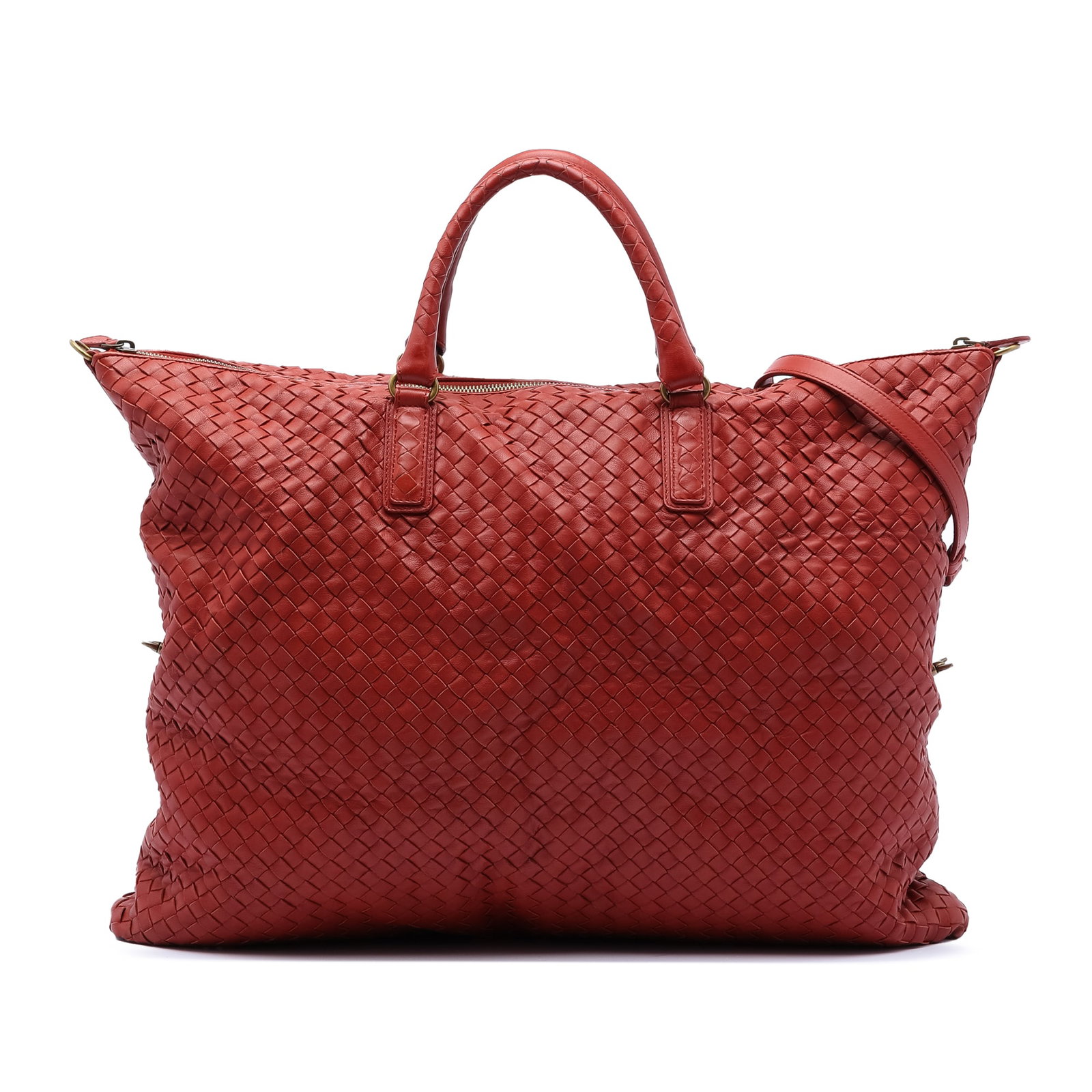 Bottega Veneta Red Maxi Intrecciato Nappa Leather Convertible Satchel Bag: Bottega Veneta Red Maxi Intrecciato Nappa Leather Convertible Satchel Bag This Bottega Veneta Maxi Intrecciato Nappa Convertible Satchel features a woven leather exterior in red, rolled leather handle