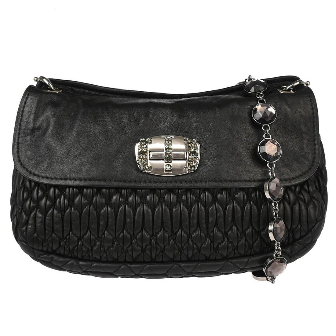 Miu Miu Vintage Black Lambskin Matelasse Shoulder Bag 197: Miu Miu Vintage Black Lambskin Matelasse Shoulder Bag 197 Elevate your style with this vintage Miu Miu shoulder bag, crafted from luxurious black lambskin leather featuring a sophisticated matelasse f