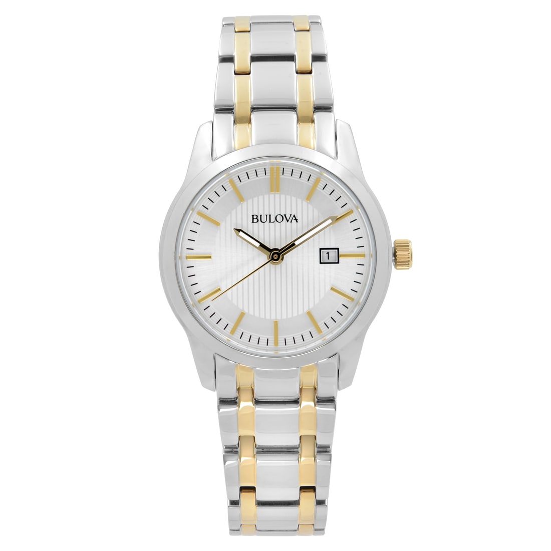Bulova Classic Two-Tone Quartz Ladies Watch 98M122 with Silver Sunburst Dial: Bulova Classic Two-Tone Quartz Ladies Watch 98M122 with Silver Sunburst Dial This Bulova Classic wristwatch is a stylish addition to any casual outfit. It features a silver sunburst dial with stick in