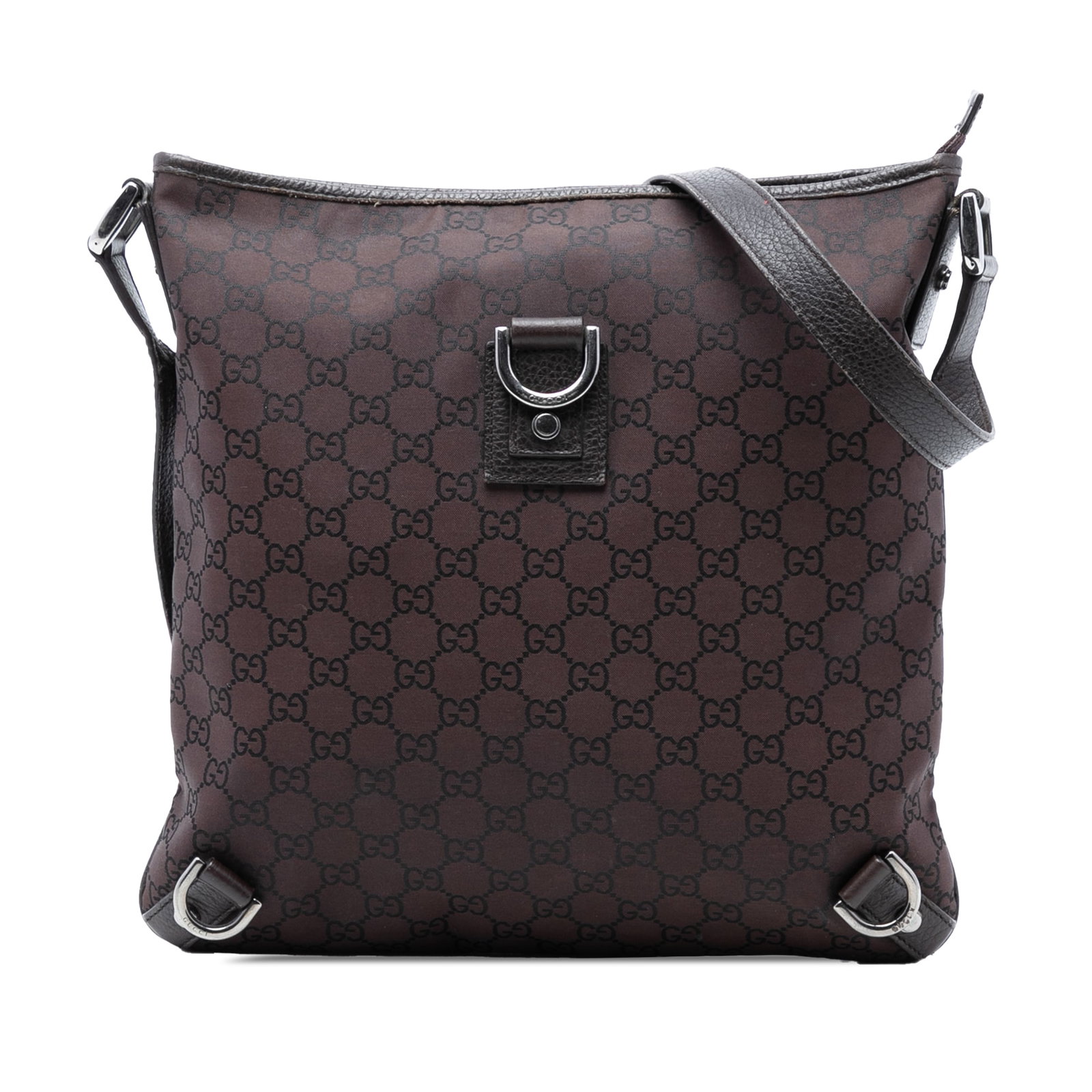 Brown Nylon Crossbody Bag with Leather Trim by Gucci Abbey D Ring: Brown Nylon Crossbody Bag with Leather Trim by Gucci Abbey D Ring This Gucci GG Nylon Abbey D Ring Crossbody bag features a nylon body with leather trim, an adjustable flat leather strap, a top zip cl