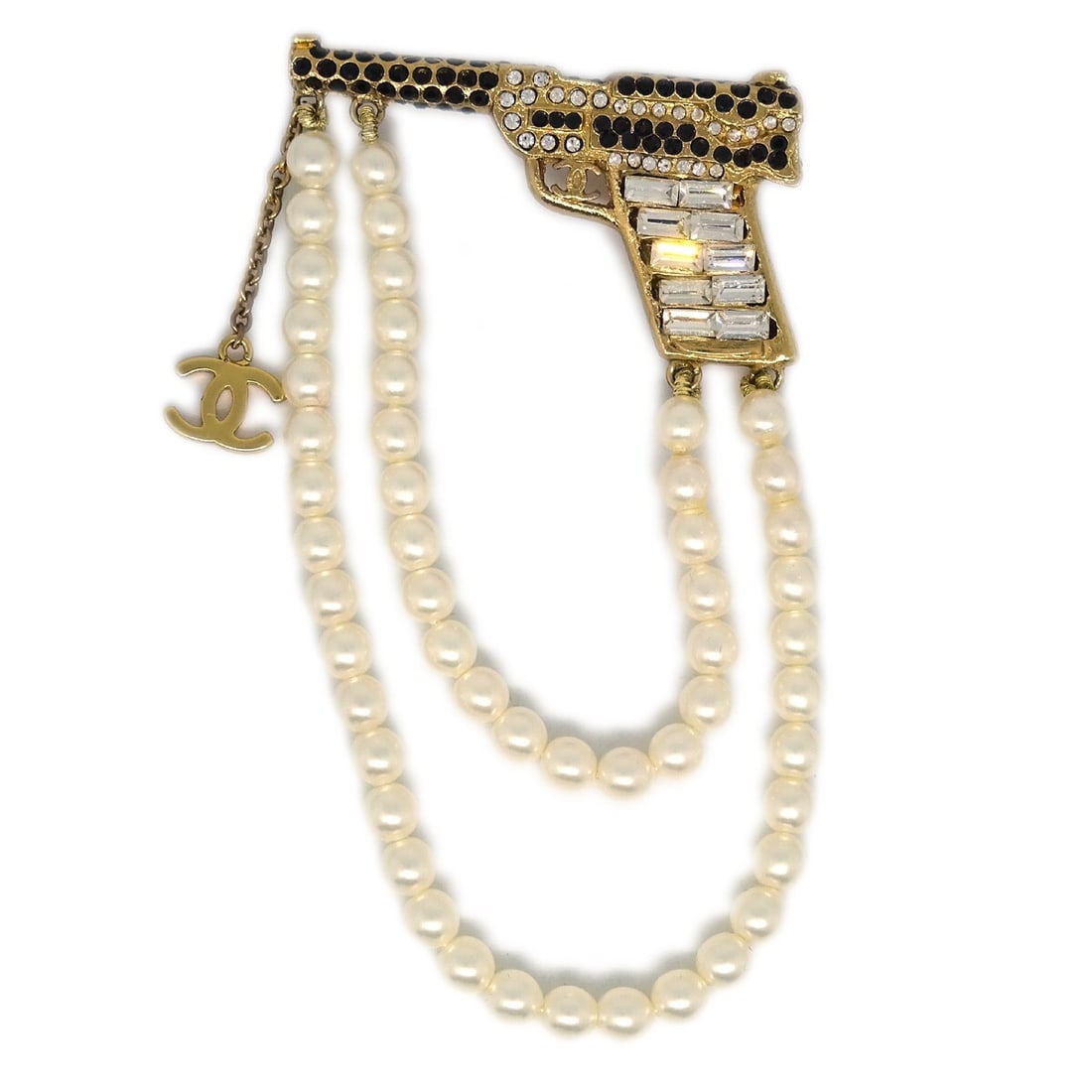 Gold Tone Chanel Brooch with Rhinestones and Faux Pearls 01A (1 of 4)
