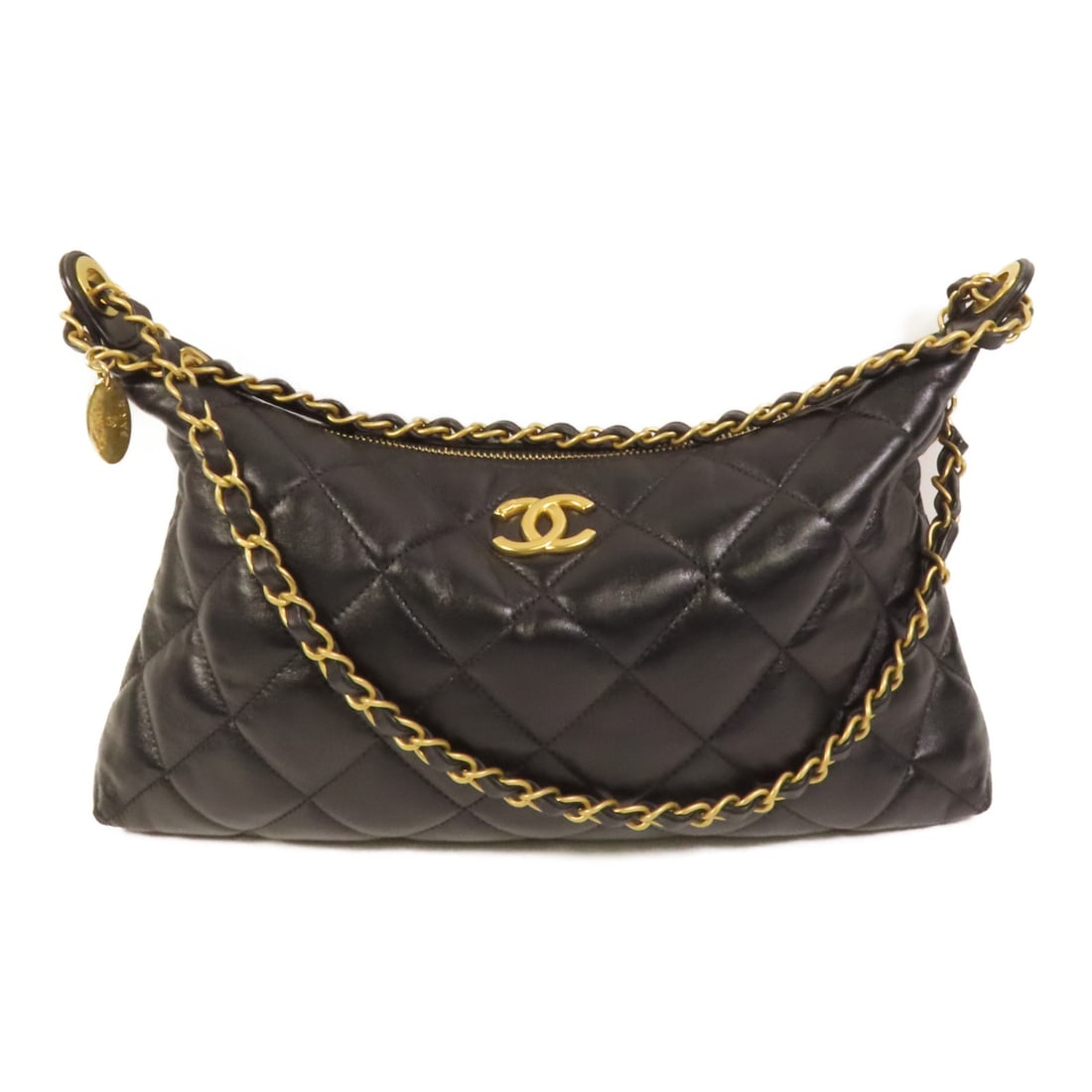 Chanel Black Lambskin Shoulder Hobo Bag with Gold Chain AS5528: Chanel Black Lambskin Shoulder Hobo Bag with Gold Chain AS5528 This CHANEL shoulder bag features a classic hobo style crafted from luxurious black lambskin leather. Designed for women, it showcases th