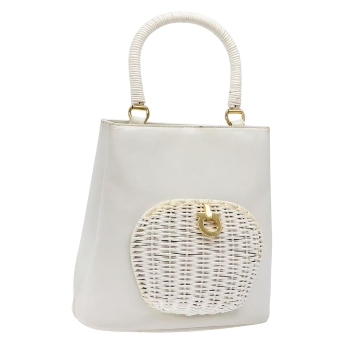 Vintage Salvatore Ferragamo Gancini Leather Convertible Handbag: Vintage Salvatore Ferragamo Gancini Leather Convertible Handbag This vintage Salvatore Ferragamo Gancini convertible top handle bag is crafted from white leather and designed for women. It features a