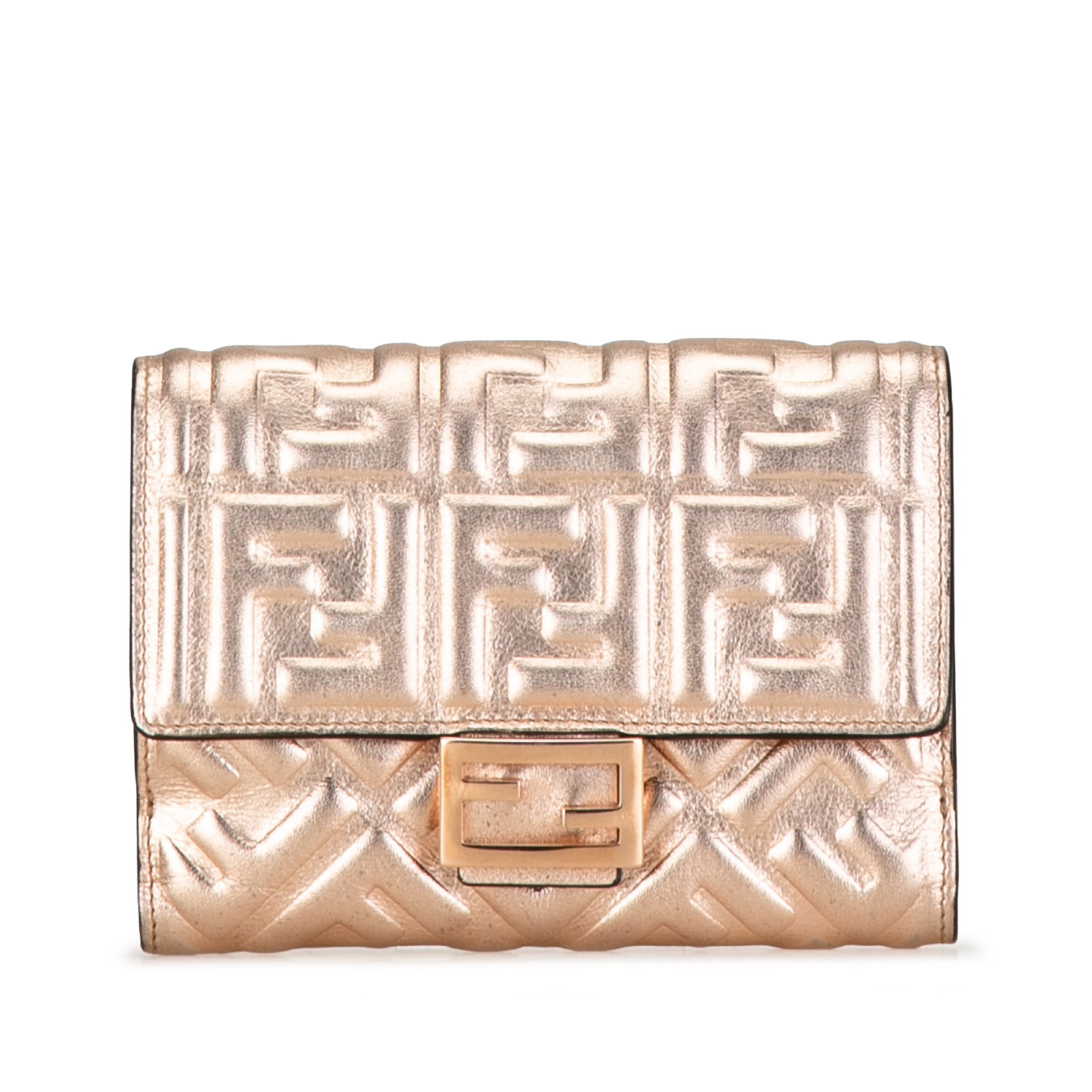 Fendi Zucca Embossed Compact Wallet Gold Leather Italy (1 of 9)