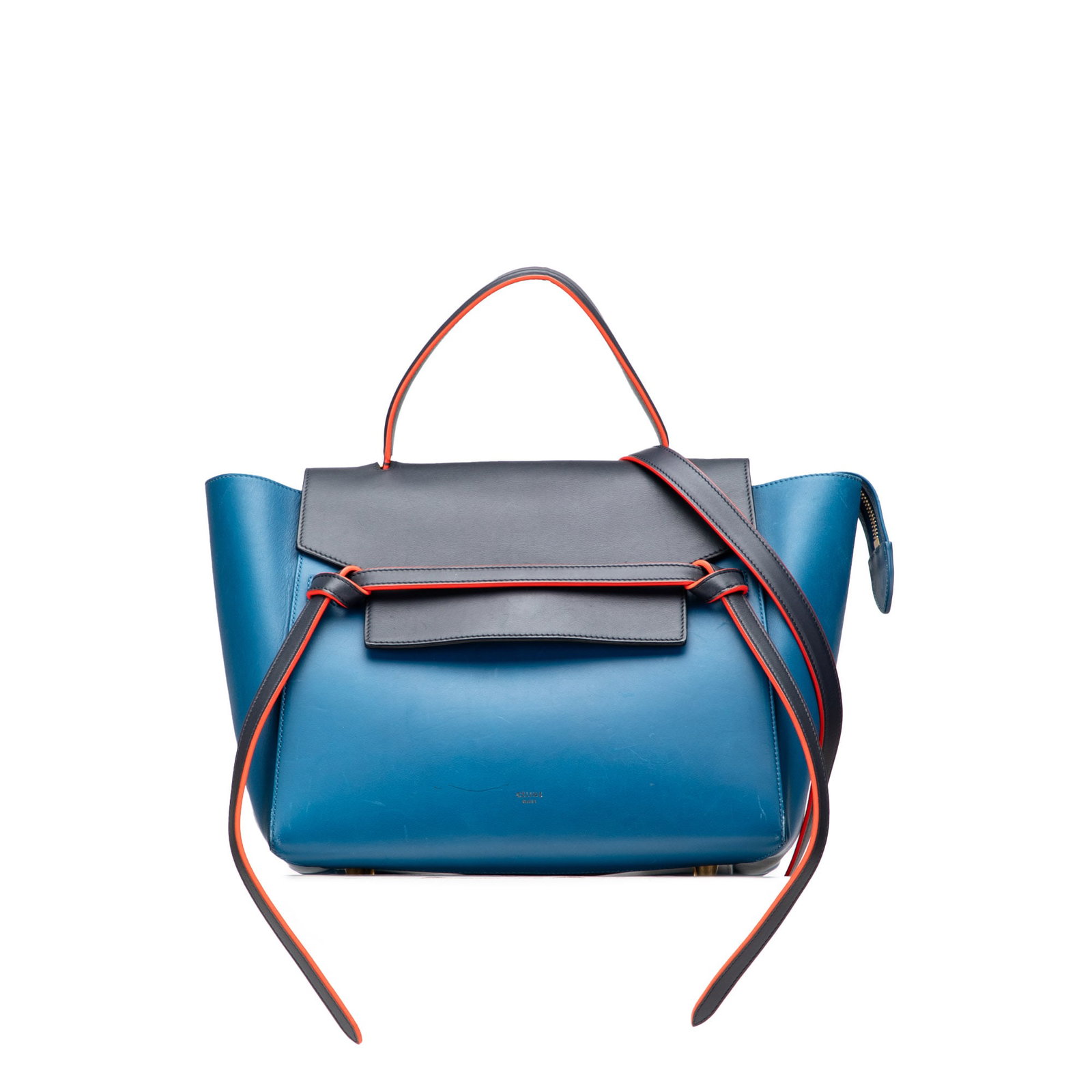 Celine Mini Tricolor Leather Belt Bag Blue Made in Italy: Celine Mini Tricolor Leather Belt Bag Blue Made in Italy The Celine Mini Tricolor Smooth Calfskin Belt Bag is a stylish and functional satchel crafted from premium calf leather. It features a flat lea