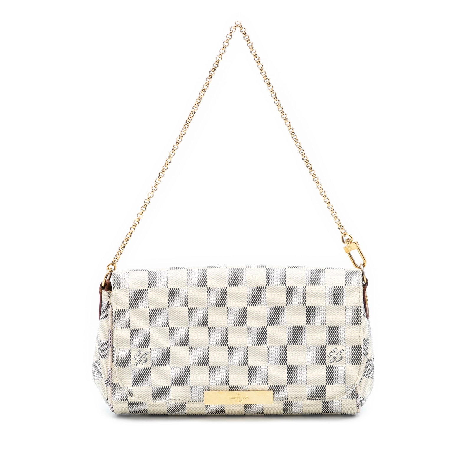 Louis Vuitton Favorite PM Shoulder Bag in Damier Azur Canvas: Louis Vuitton Favorite PM Shoulder Bag in Damier Azur Canvas This Louis Vuitton Damier Azur Favorite PM features a damier canvas body in white, a gold-tone chain shoulder strap, a front flap with magn