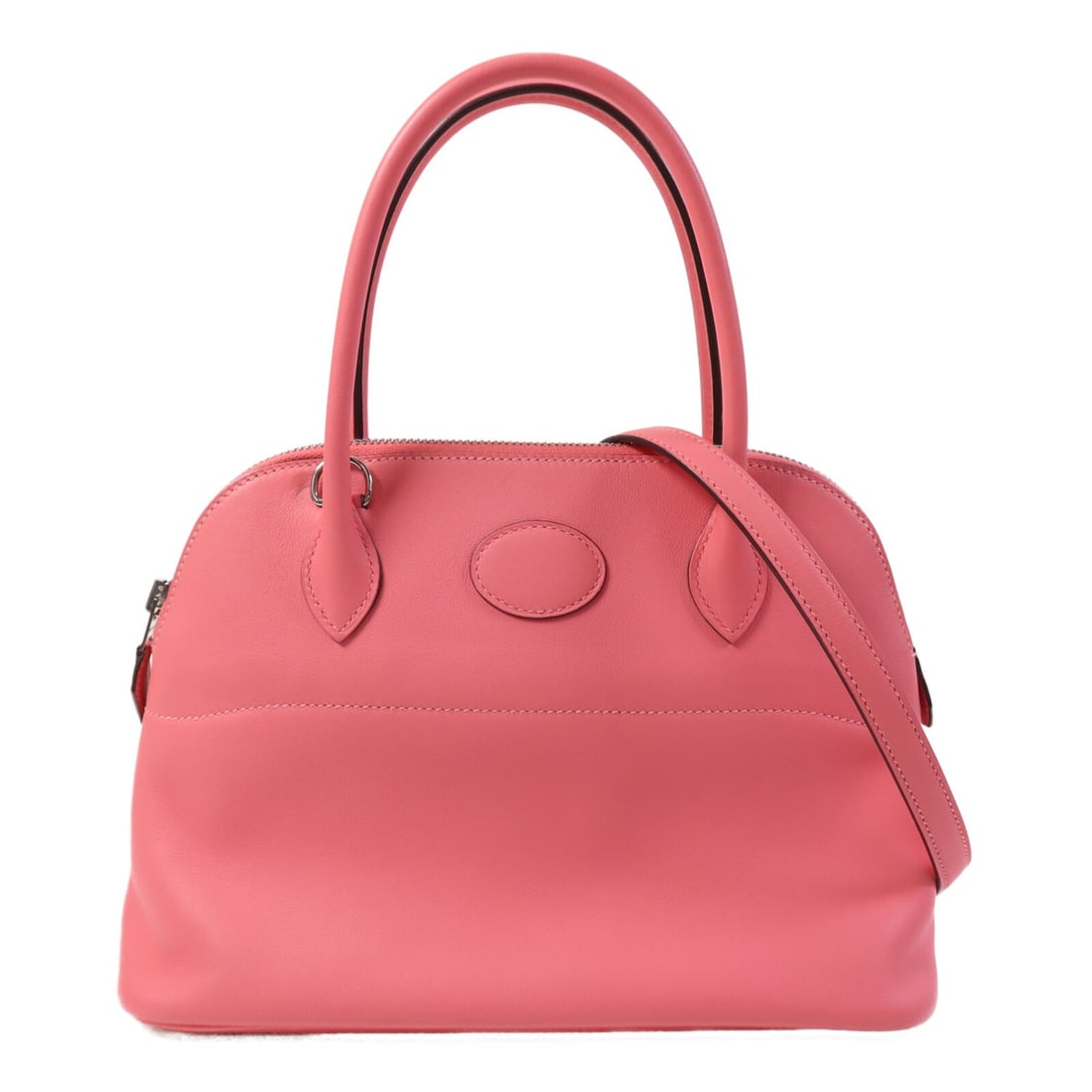 Bolide 27 Pink Swift Leather Shoulder Bag with Palladium Hardware: Bolide 27 Pink Swift Leather Shoulder Bag with Palladium Hardware This Hermes Bolide 27 is a versatile 2-way shoulder bag crafted from swift leather in a rose azalee pink color. The bag features a reg