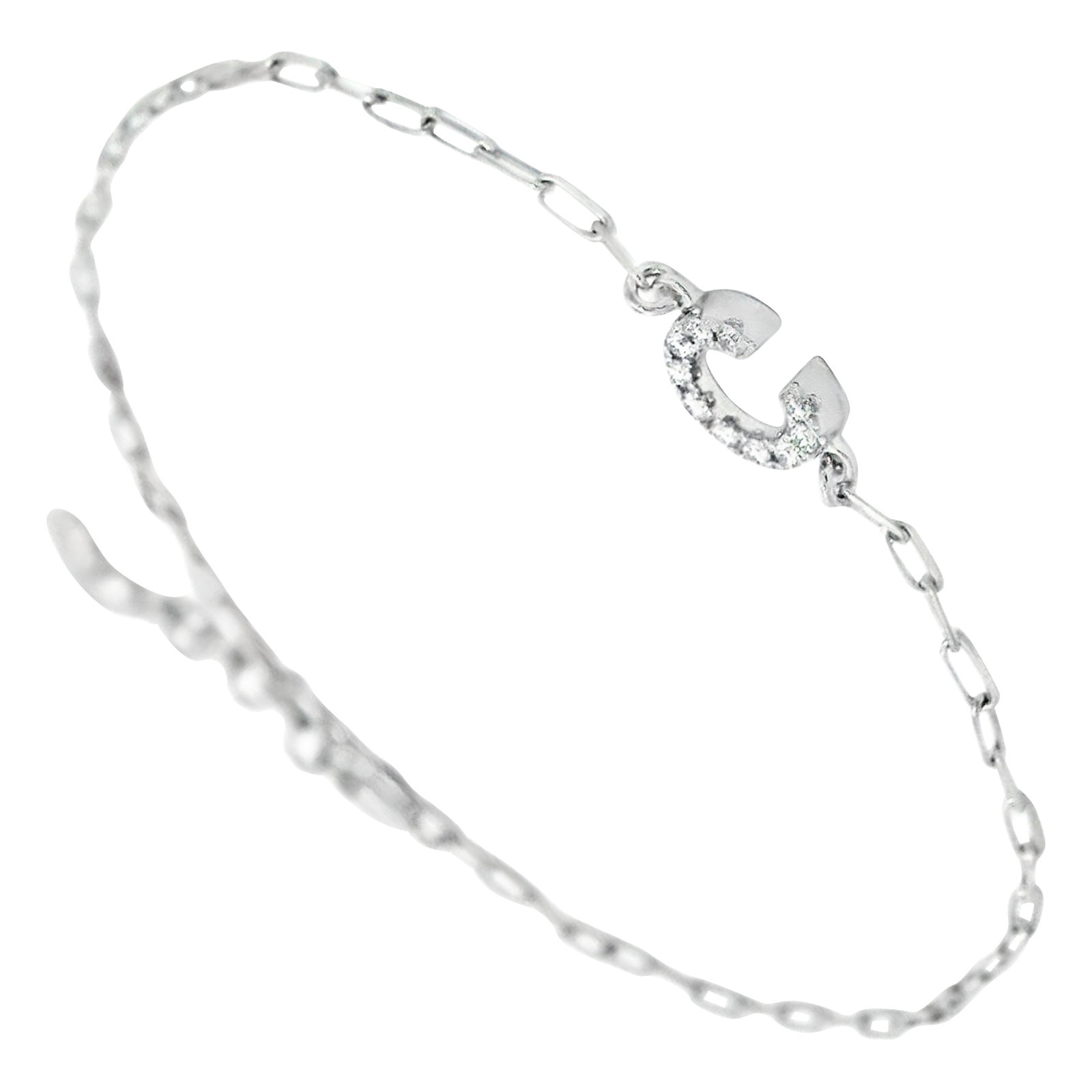 18k White Gold Diamond C Charm Bracelet: 18k White Gold Diamond C Charm Bracelet This exquisite Diamond "C" Charm Bracelet is crafted from 18k white gold and features a contemporary design. It showcases ten natural round diamonds, totaling 0