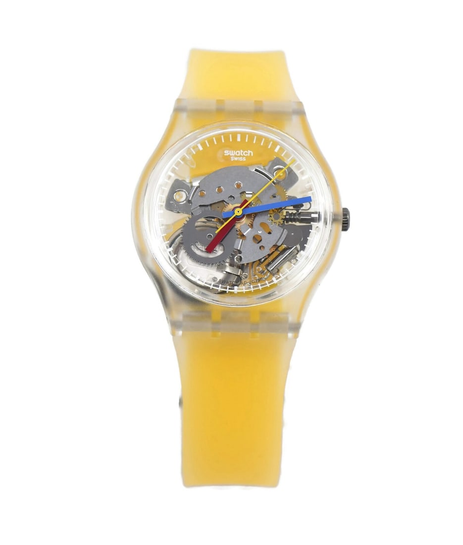 Swatch Yellow Stripped Skeleton Watch GE291 Quartz 34mm Authentic (1 of 6)