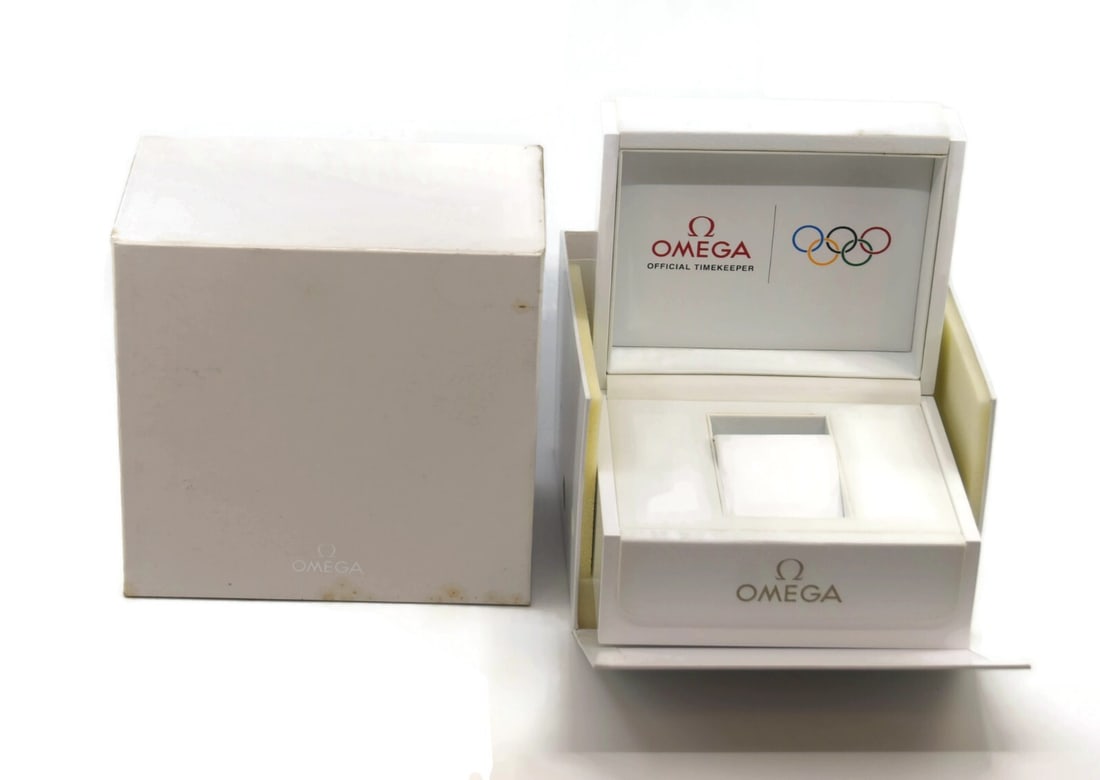 Authentic Omega Olympic Watch Presentation Box 7x7x5 Inches: Authentic Omega Olympic Watch Presentation Box 7x7x5 Inches This Omega Olympic Watch Box is a beautifully crafted presentation box, ideal for displaying your prized timepiece. Made from sturdy paper/c