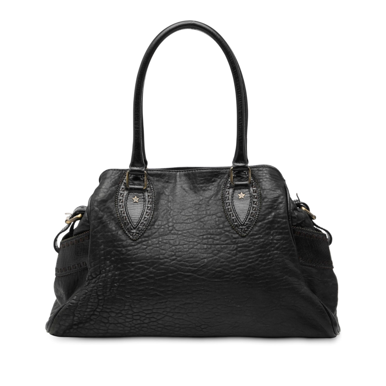 Fendi Etniko Du Jour Black Leather Tote Bag with Snap Closure: Fendi Etniko Du Jour Black Leather Tote Bag with Snap Closure The Fendi Etniko Du Jour handbag features a black leather body with rolled leather handles. It is designed with an open top secured by a s