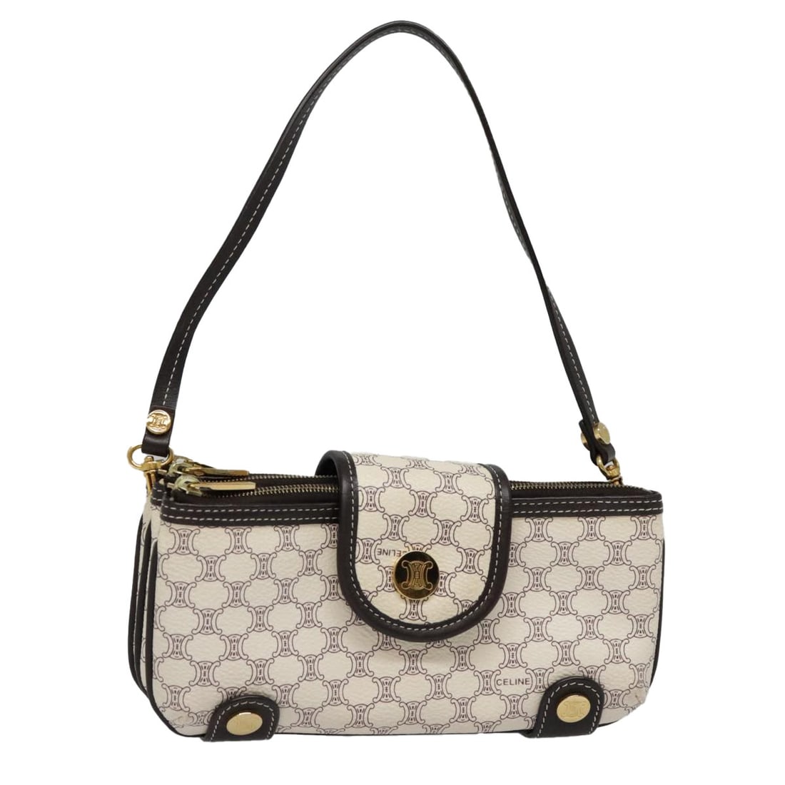 Celine Macadam White Gold PVC Leather Accessory Pouch with Dust Bag: Celine Macadam White Gold PVC Leather Accessory Pouch with Dust Bag This CELINE accessory pouch features the iconic Macadam canvas with PVC leather accents in white and gold tones. The pouch is design