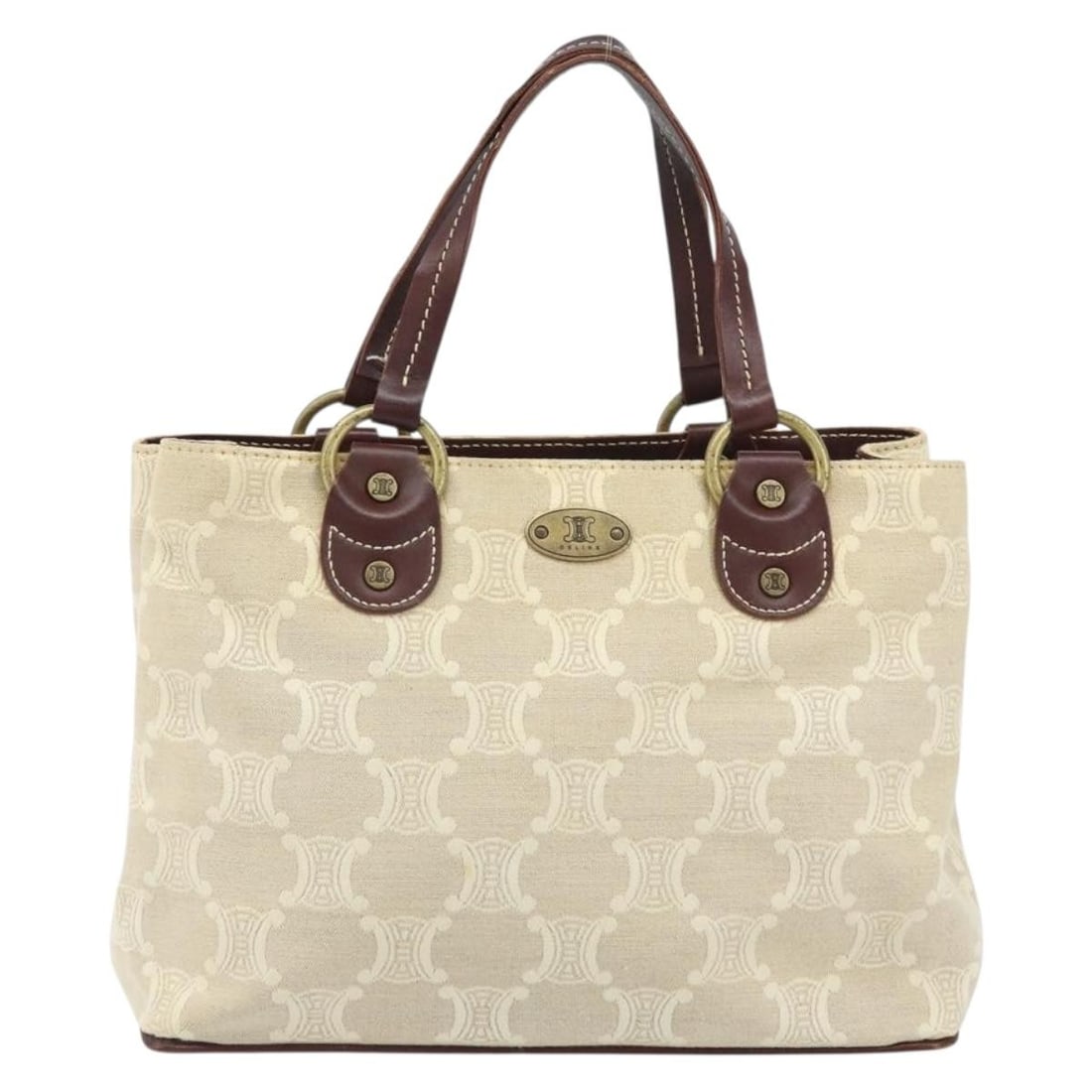 Celine Macadam Beige Canvas and Leather Vintage Handbag: Celine Macadam Beige Canvas and Leather Vintage Handbag This Celine Vintage Macadam Handbag features a classic beige canvas exterior complemented by leather accents. Designed for women, it offers a ti