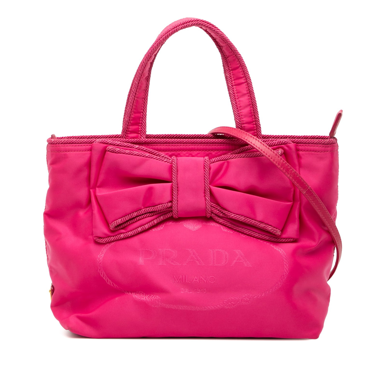 Prada Pink Tessuto Canapa Satchel with Logo Bow and Detachable Strap (1 of 7)