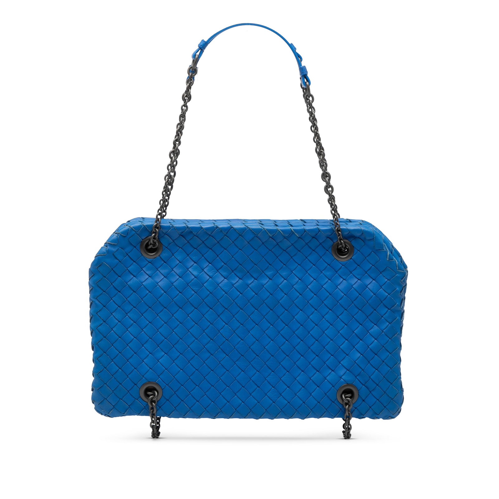 Blue Bottega Veneta Duo Shoulder Bag with Woven Leather and Chain Straps: Blue Bottega Veneta Duo Shoulder Bag with Woven Leather and Chain Straps This Bottega Veneta Nappa Intrecciato Duo Shoulder Bag features a woven leather body in blue, complemented by chain link straps