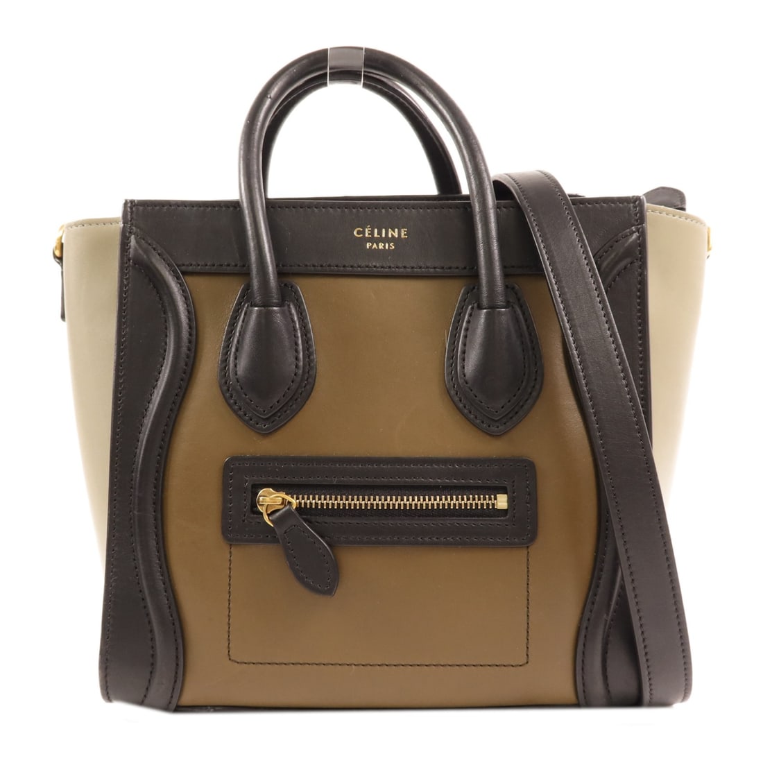 Celine Nano Luggage Green and Black Calfskin Leather Shoulder Handbag with GHW: Celine Nano Luggage Green and Black Calfskin Leather Shoulder Handbag with GHW This CELINE Nano Luggage 2-Way Shoulder Bag features a compact silhouette crafted from calfskin leather in a striking gre