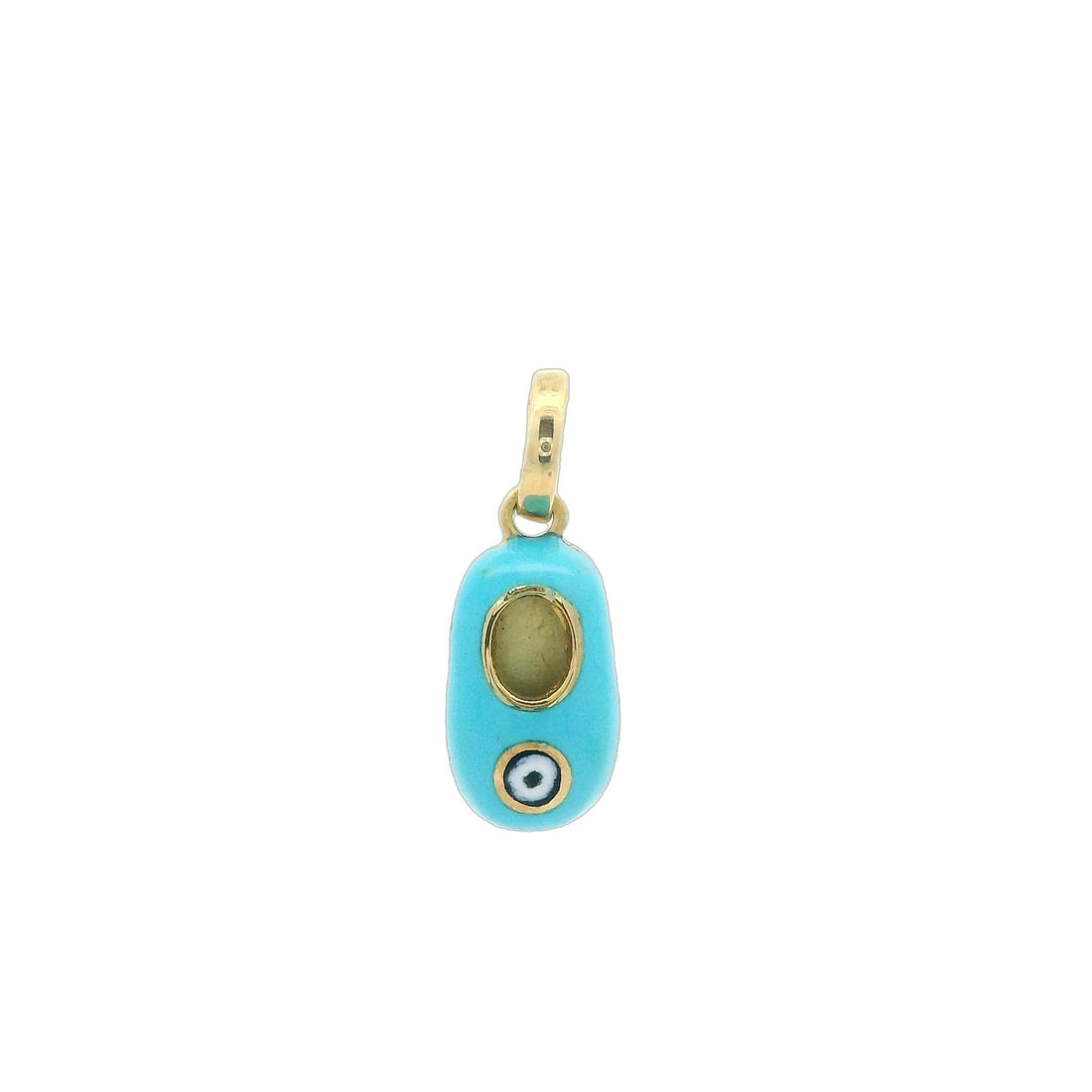 14k Yellow Gold Baby Shoe Pendant with Evil Eye Charm: 14k Yellow Gold Baby Shoe Pendant with Evil Eye Charm This exquisite pendant features a charming baby shoe design crafted from solid 14k yellow gold, accented with light blue enamel. It is adorned wit