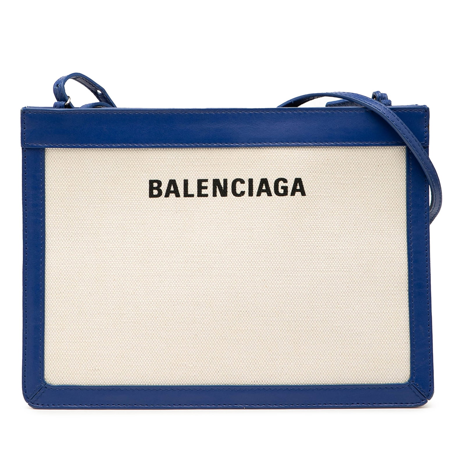 Balenciaga Navy Canvas Shoulder Bag with Leather Trim and Zip Closure: Balenciaga Navy Canvas Shoulder Bag with Leather Trim and Zip Closure The Navy Pochette crossbody bag features a canvas body with leather trim, an adjustable flat leather shoulder strap, a top zip clo