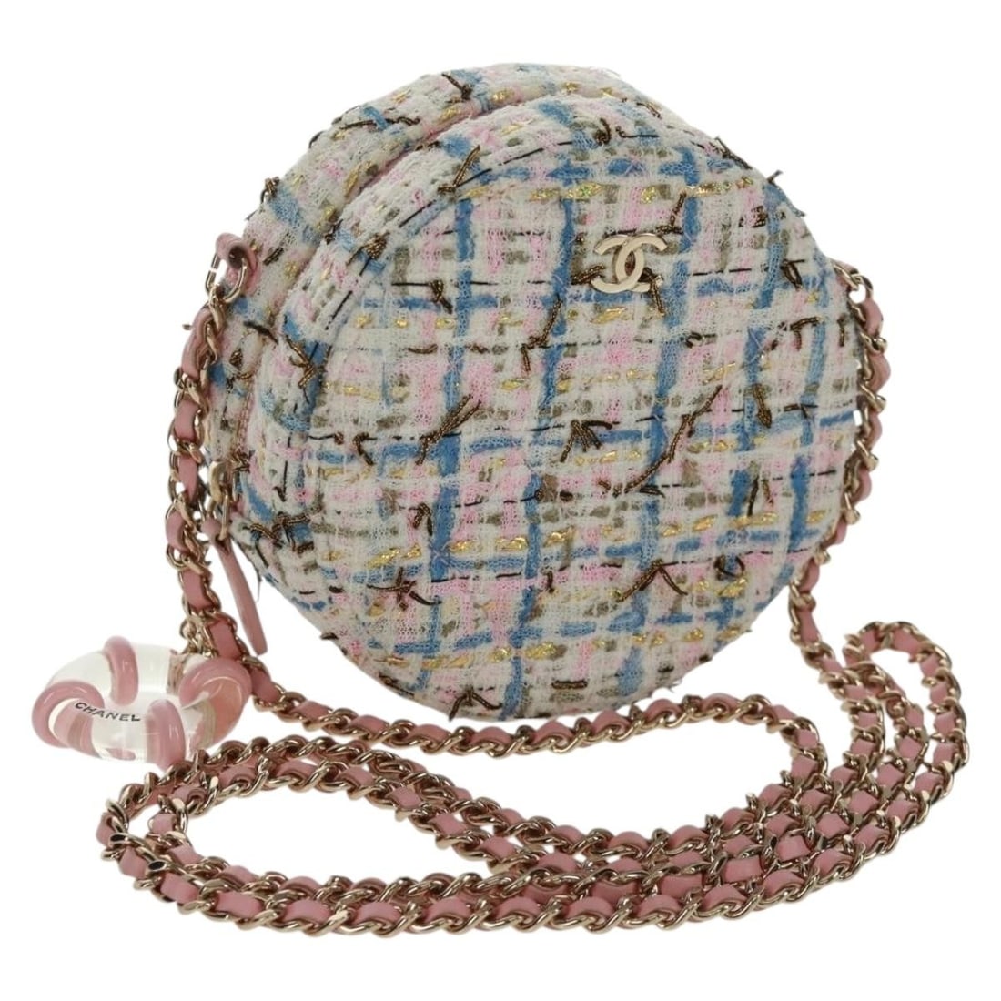 Chanel Tweed Multicolor Canvas Shoulder Bag with Gold CC Logo: Chanel Tweed Multicolor Canvas Shoulder Bag with Gold CC Logo This CHANEL chain shoulder bag features a multicolor tweed design with gold-tone accents and the iconic CC logo. Crafted from canvas, this