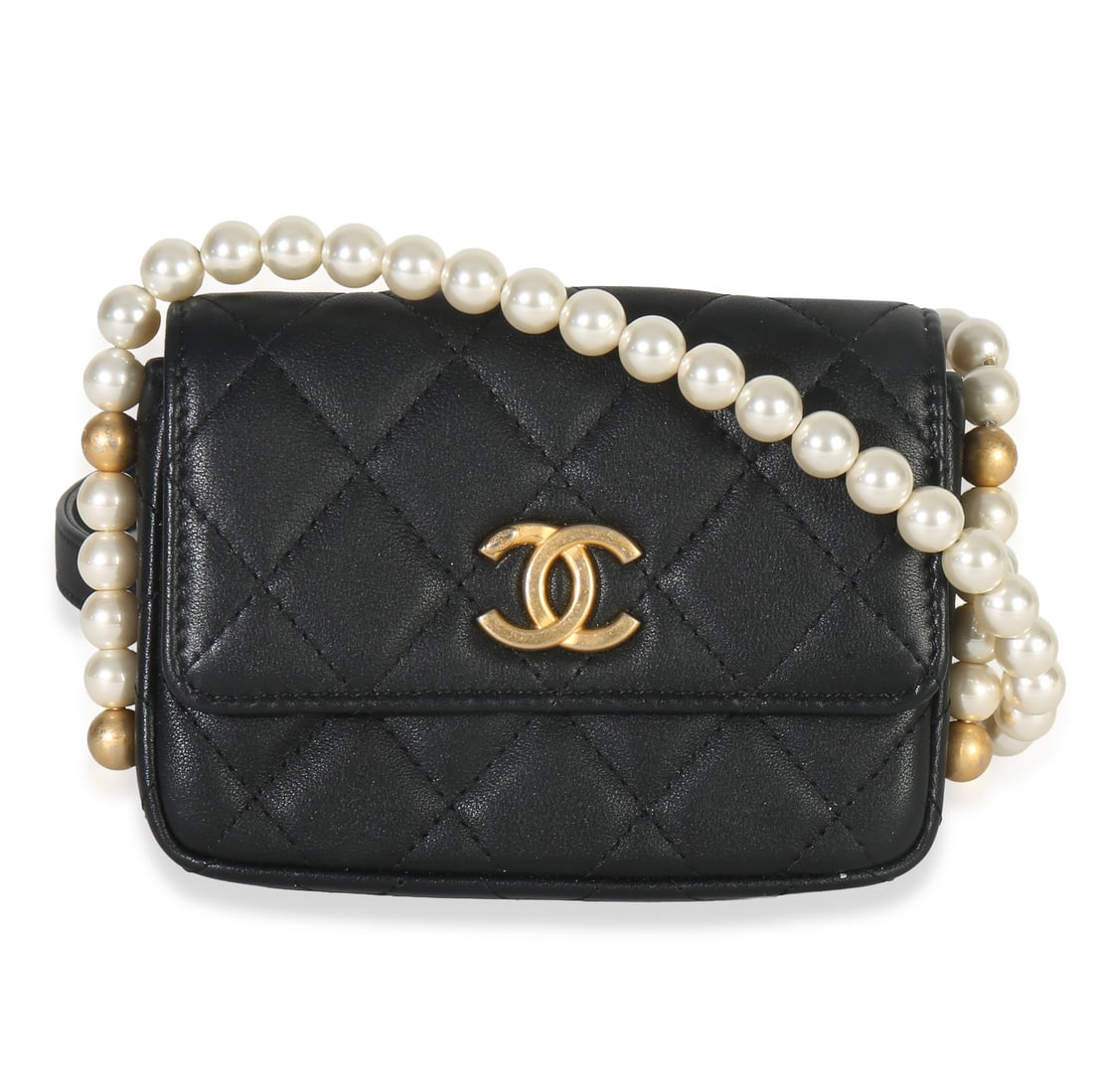Chanel About Pearls Black Leather Quilted Card Holder with Chain (1 of 9)