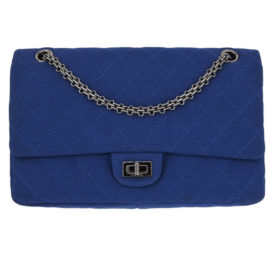 Chanel Double Flap Matelasse Blue Cotton Large Shoulder Bag: Chanel Double Flap Matelasse Blue Cotton Large Shoulder Bag This Chanel 2.55 Classic Flap Shoulder Bag is crafted from blue matelasse-patterned cotton, featuring the iconic logo accent. Designed for w