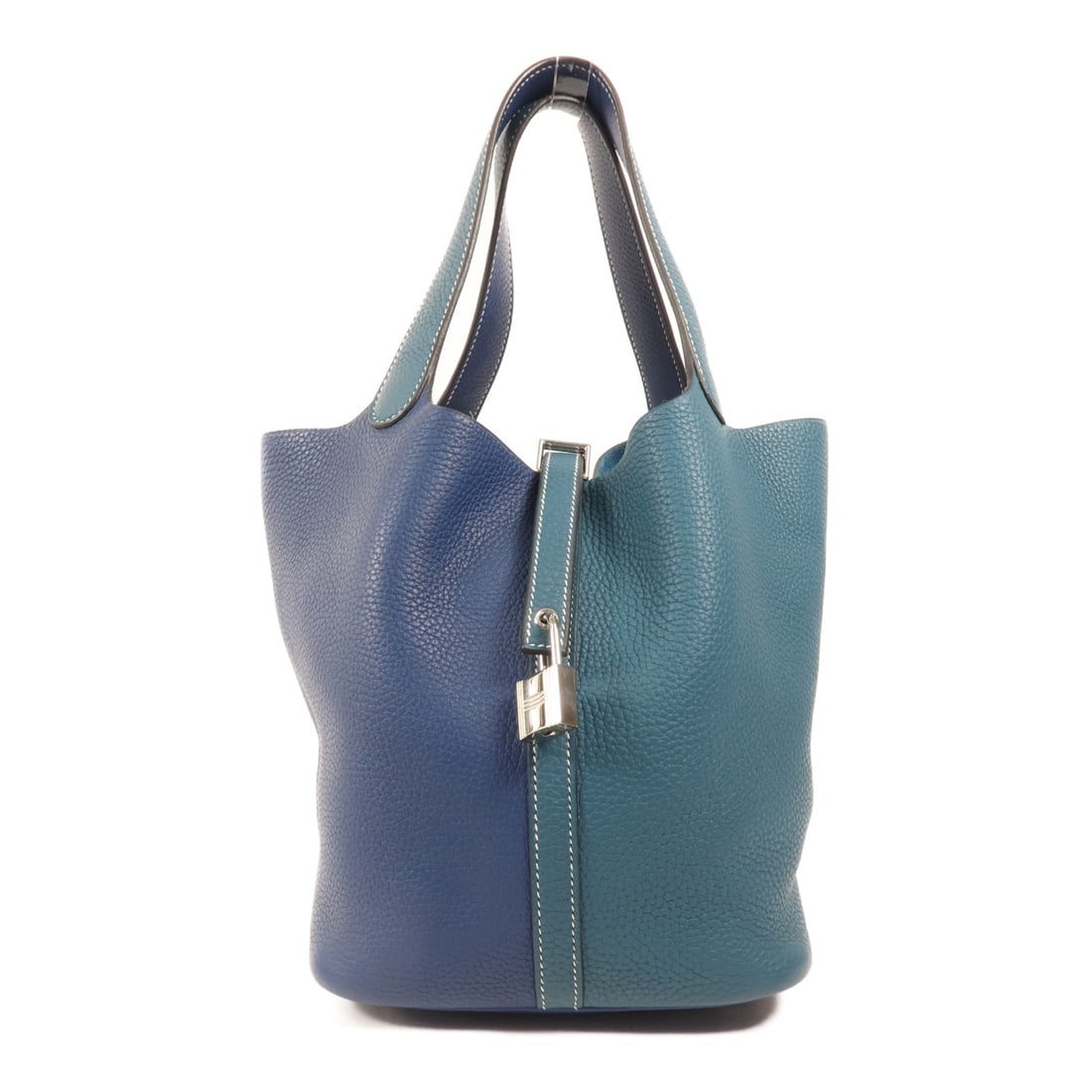 HERMES Picotin MM Handbag Deep Blue Clemence Leather PHW: HERMES Picotin MM Handbag Deep Blue Clemence Leather PHW Introducing the HERMES Picotin MM Handbag, a stunning accessory crafted from premium Clemence leather in a deep blue and Vert Bosphore color sc