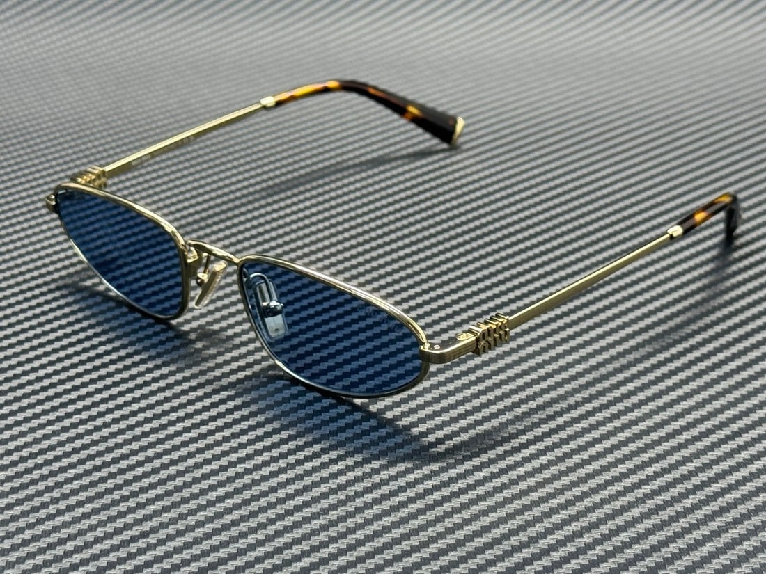 MIU MIU MU A52S ZVN60O Pale Gold Light Blue Women's Sunglasses: MIU MIU MU A52S ZVN60O Pale Gold Light Blue Women's Sunglasses Elevate your style with these chic Miu Miu MU A52S ZVN60O sunglasses. Featuring a stunning pale gold frame that effortlessly complements