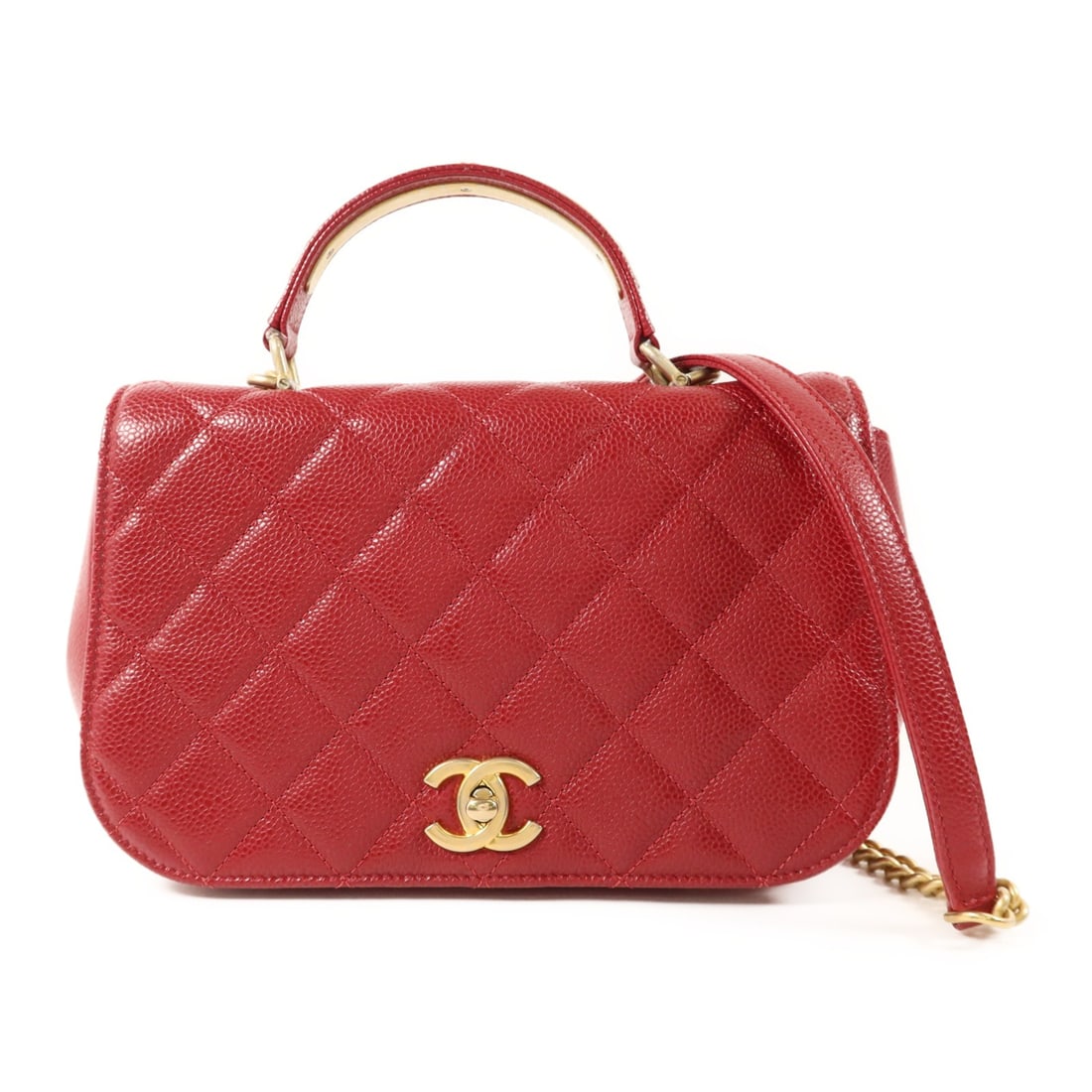 Red Calfskin CHANEL Top Handle Shoulder Bag with Gold Hardware: Red Calfskin CHANEL Top Handle Shoulder Bag with Gold Hardware This CHANEL CC top handle 2-way shoulder bag features luxurious red calfskin leather and gold tone hardware. Designed for versatility, it