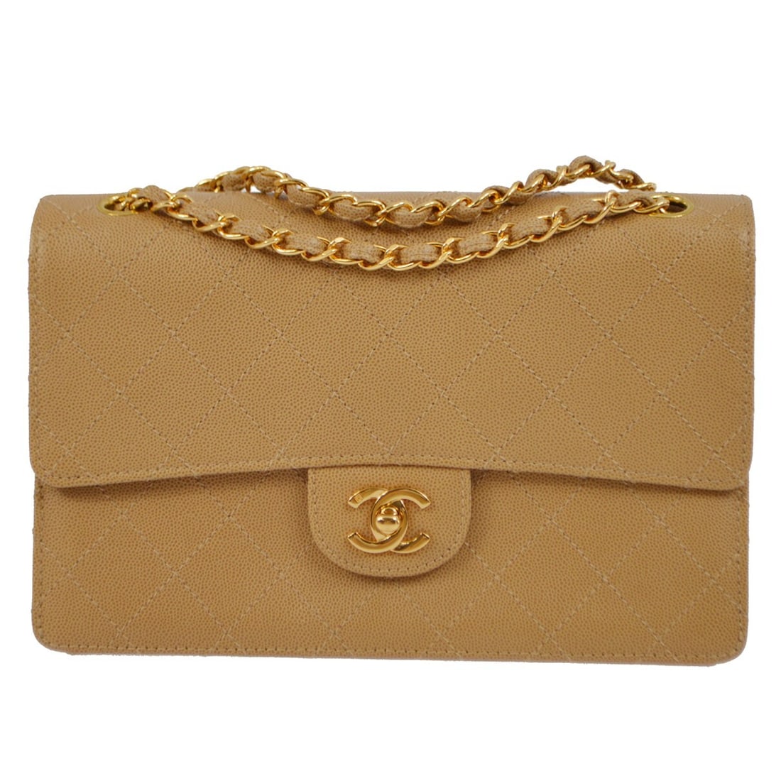 Chanel Classic Flap Shoulder Bag Beige Caviar Leather Matelasse: Chanel Classic Flap Shoulder Bag Beige Caviar Leather Matelasse Elevate your style with this Chanel Beige Calfskin Classic Flap Shoulder Bag. Crafted from luxurious caviar skin leather, this medium-si