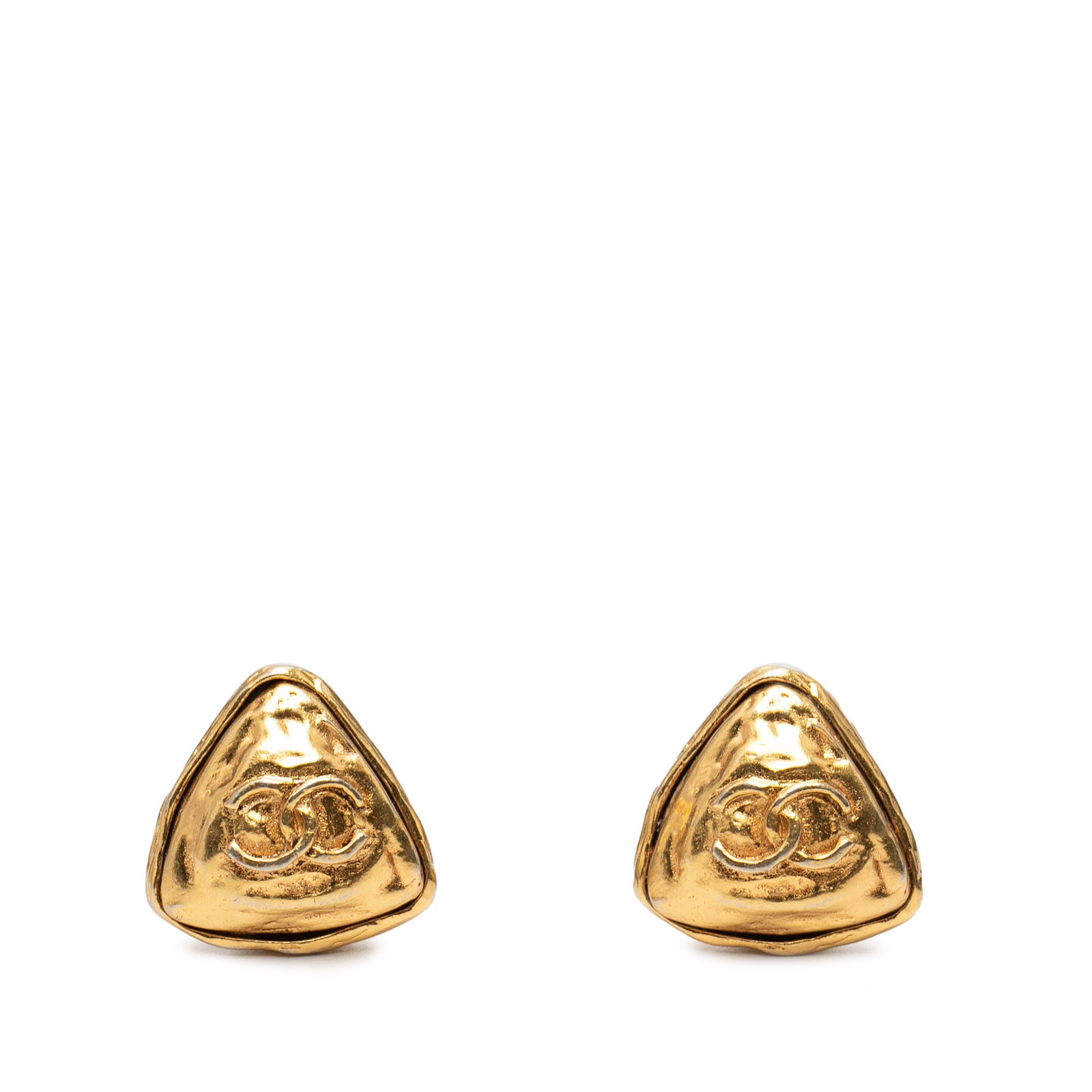 Chanel Triangle Gold Tone Clip On Earrings with CC Logo: Chanel Triangle Gold Tone Clip On Earrings with CC Logo These Chanel CC clip-on earrings feature a gold tone metal construction in a distinctive triangle shape. The earrings include back clip-on closu