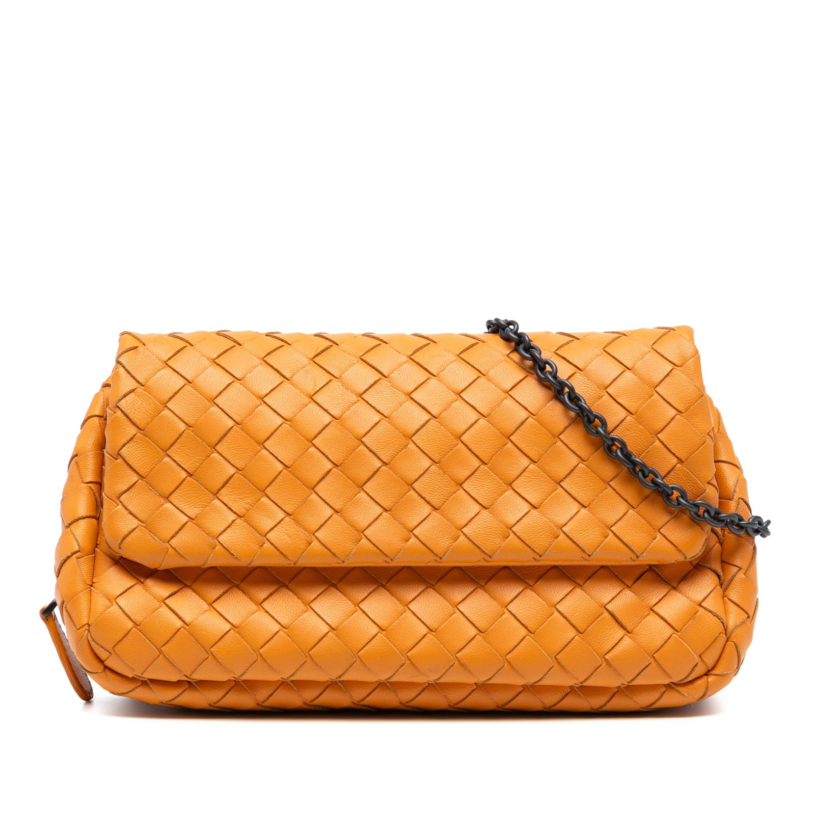 Bottega Veneta Mini Nappa Intrecciato Orange Chain Flap Crossbody: Bottega Veneta Mini Nappa Intrecciato Orange Chain Flap Crossbody Elevate your accessory collection with the Bottega Veneta Mini Nappa Intrecciato Expandable Chain Flap Crossbody. This chic bag featur