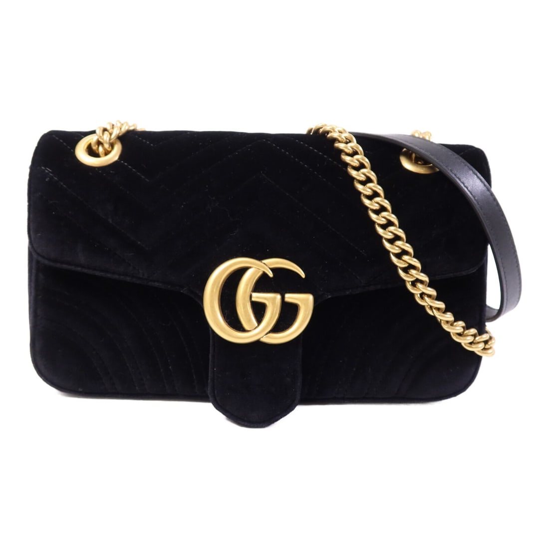 Black Velvet GUCCI Marmont GG Shoulder Bag with Gold Hardware: Black Velvet GUCCI Marmont GG Shoulder Bag with Gold Hardware This Gucci GG Marmont chain shoulder bag features a luxurious black velvet exterior and gold-tone hardware. Designed for women, the bag is