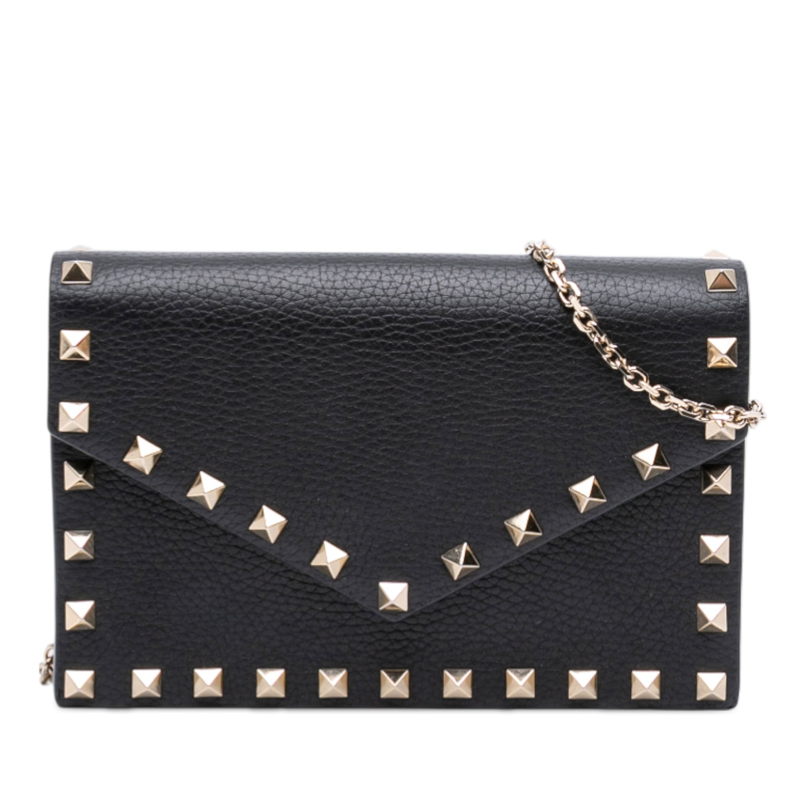 Valentino Rockstud Black Leather Chain Wallet with Stud Accents: Valentino Rockstud Black Leather Chain Wallet with Stud Accents This Valentino Rockstud Envelope Wallet on Chain features a black pebbled leather body adorned with signature stud detailing. It is desi