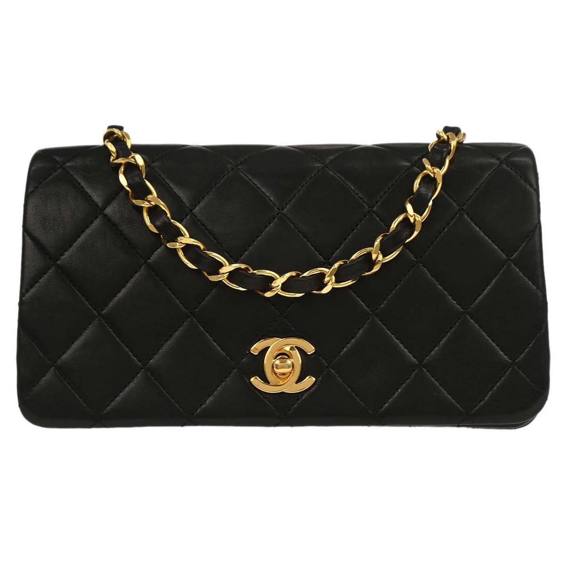 Mini Matelasse Quilted Lambskin Shoulder Bag with Turn Lock Flap: Mini Matelasse Quilted Lambskin Shoulder Bag with Turn Lock Flap This Chanel mini full flap shoulder bag is crafted from black lambskin leather with a quilted finish. It features a turn lock flap clos