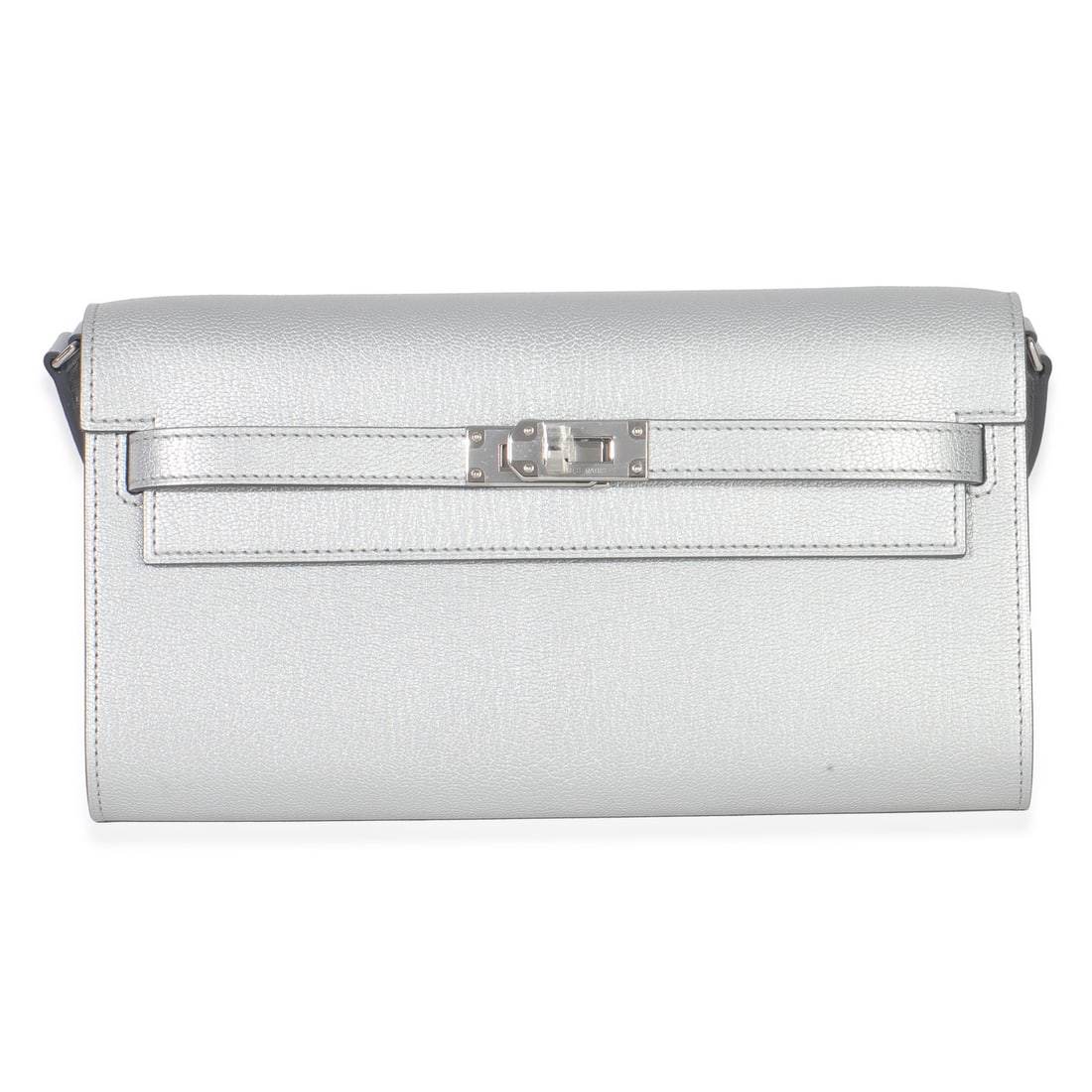 Hermes Kelly Wallet To Go Silver Leather Crossbody With Removable Strap: Hermes Kelly Wallet To Go Silver Leather Crossbody With Removable Strap This Hermes Kelly Wallet To Go is crafted in silver-tone metallic Chevre Chamkilight leather and features a turnlock closure and