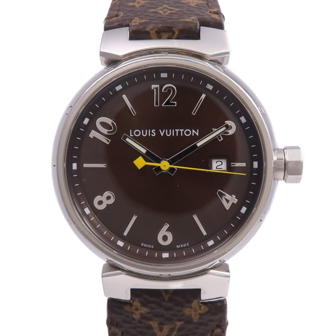 Tambour Q1111 Quartz Wristwatch Stainless Steel and Monogram Leather: Tambour Q1111 Quartz Wristwatch Stainless Steel and Monogram Leather The Louis Vuitton Tambour Q1111 is a men's wristwatch featuring a stainless steel case and a brown monogram leather band. This watc