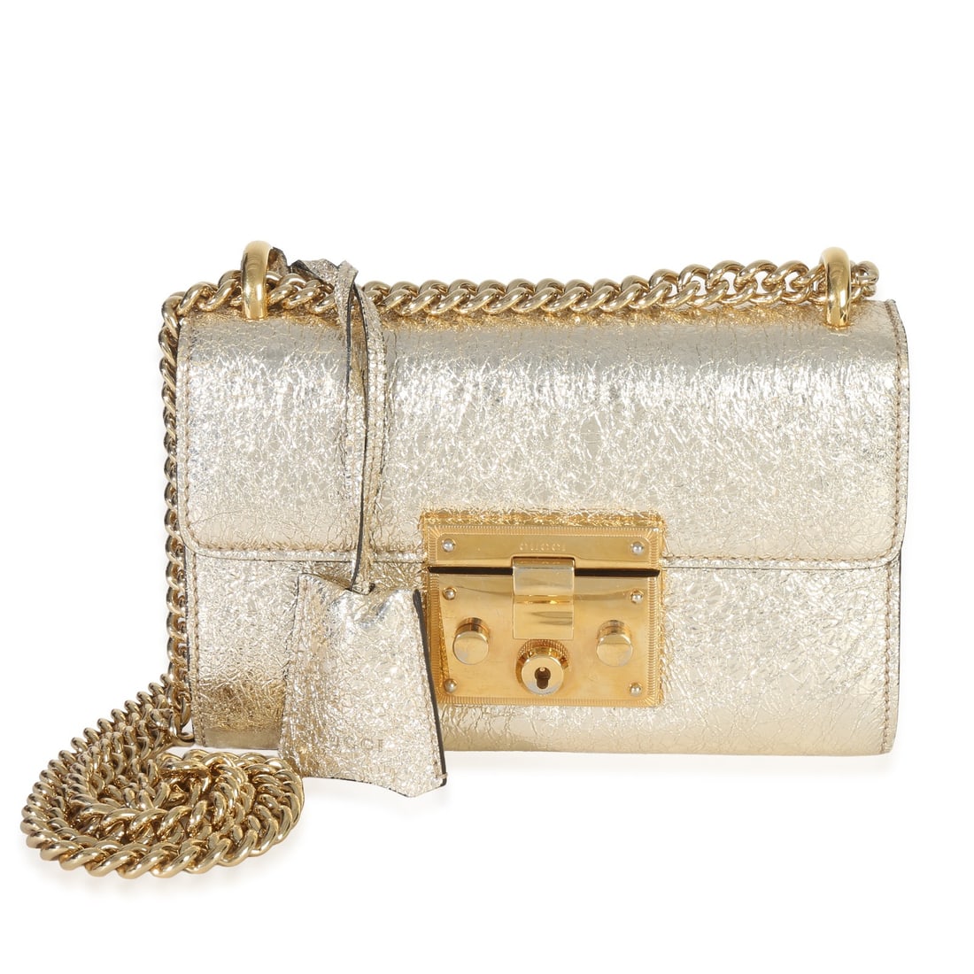 Small Gold Crinkled Leather Padlock Chain Crossbody by Gucci (1 of 10)