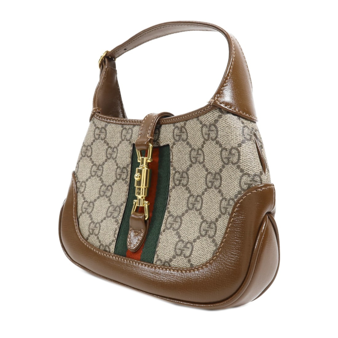 Gucci Jackie 1961 Mini Brown Coated Canvas Shoulder Bag with Gold Hardware: Gucci Jackie 1961 Mini Brown Coated Canvas Shoulder Bag with Gold Hardware This Gucci Jackie 1961 mini bag offers versatile two-way wear as a shoulder or handheld accessory. Crafted in brown PVC coate