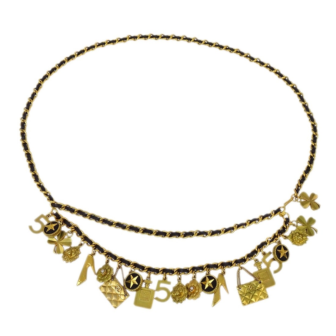 Vintage Chanel Black and Gold Leather CC Chain Waist Belt with Pearl Accent: Vintage Chanel Black and Gold Leather CC Chain Waist Belt with Pearl Accent This vintage Chanel CC Icon chain belt features artificial pearls and a black leather strap with gold-tone accents. Designed